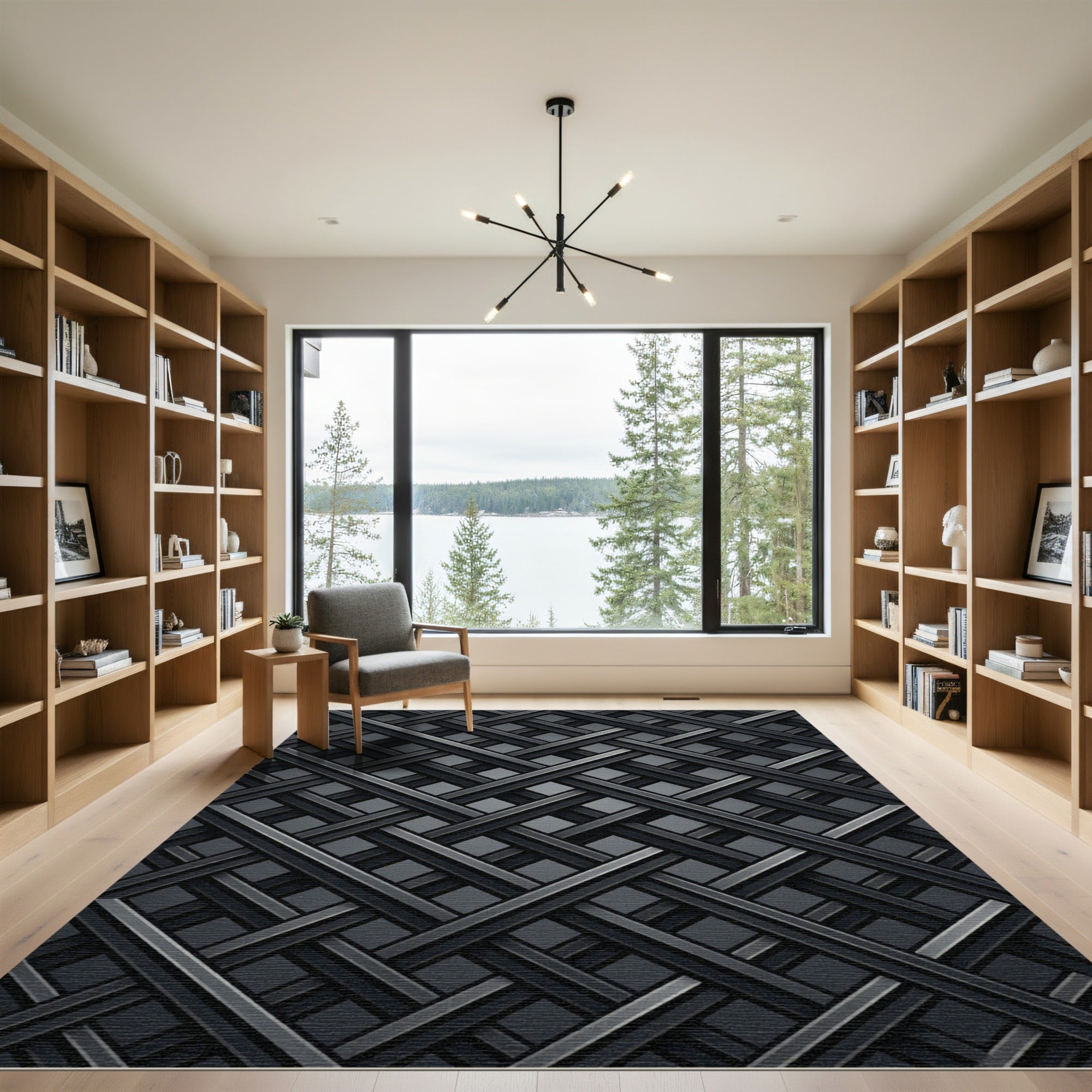 Modern Charcoal Intersecting Geometric Weave Rug