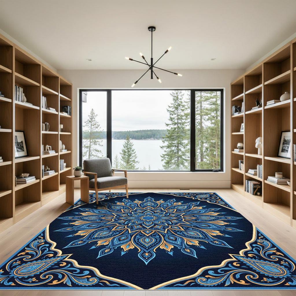 Blue Gold Paisley Mandala Floral Rug