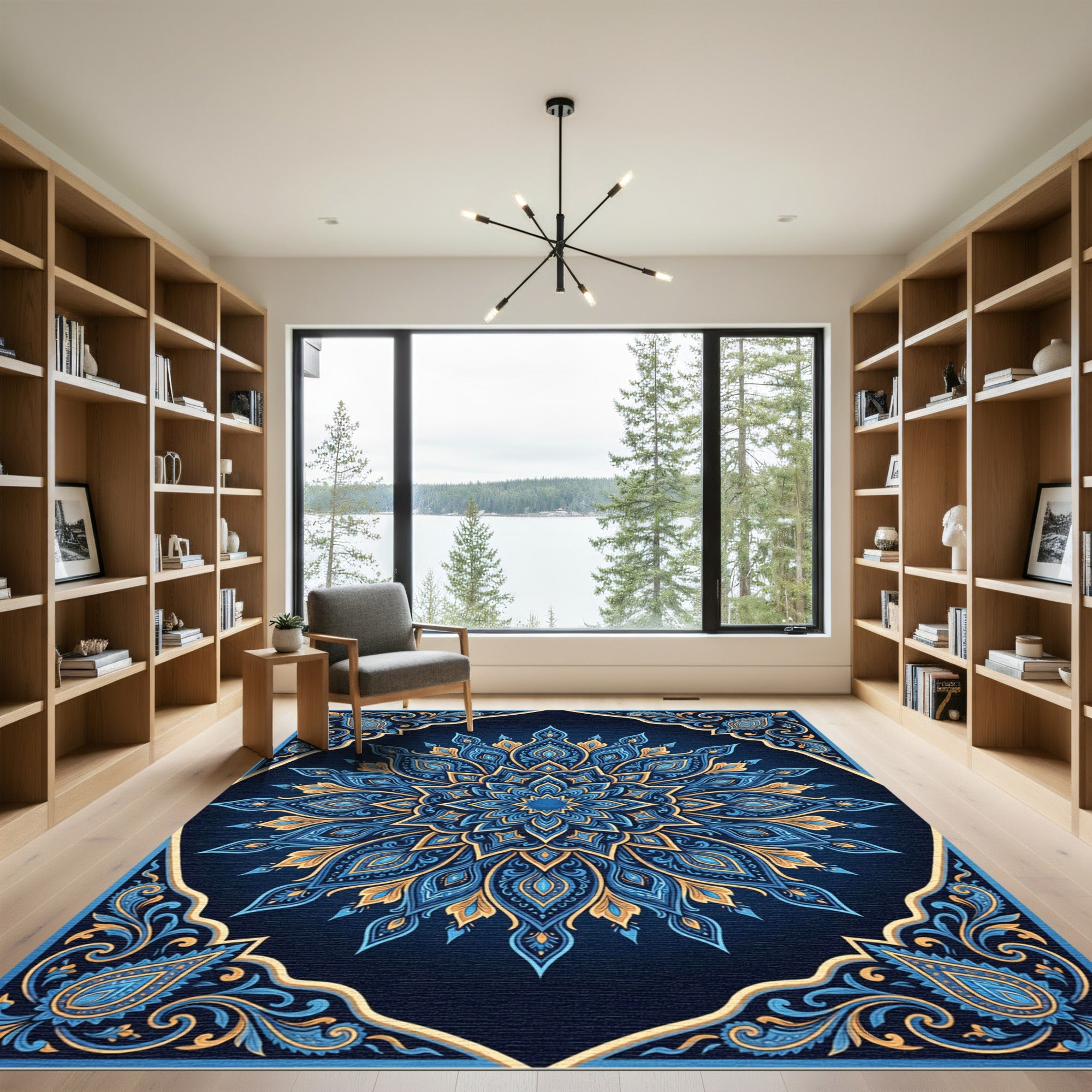 Blue Gold Paisley Mandala Floral Rug