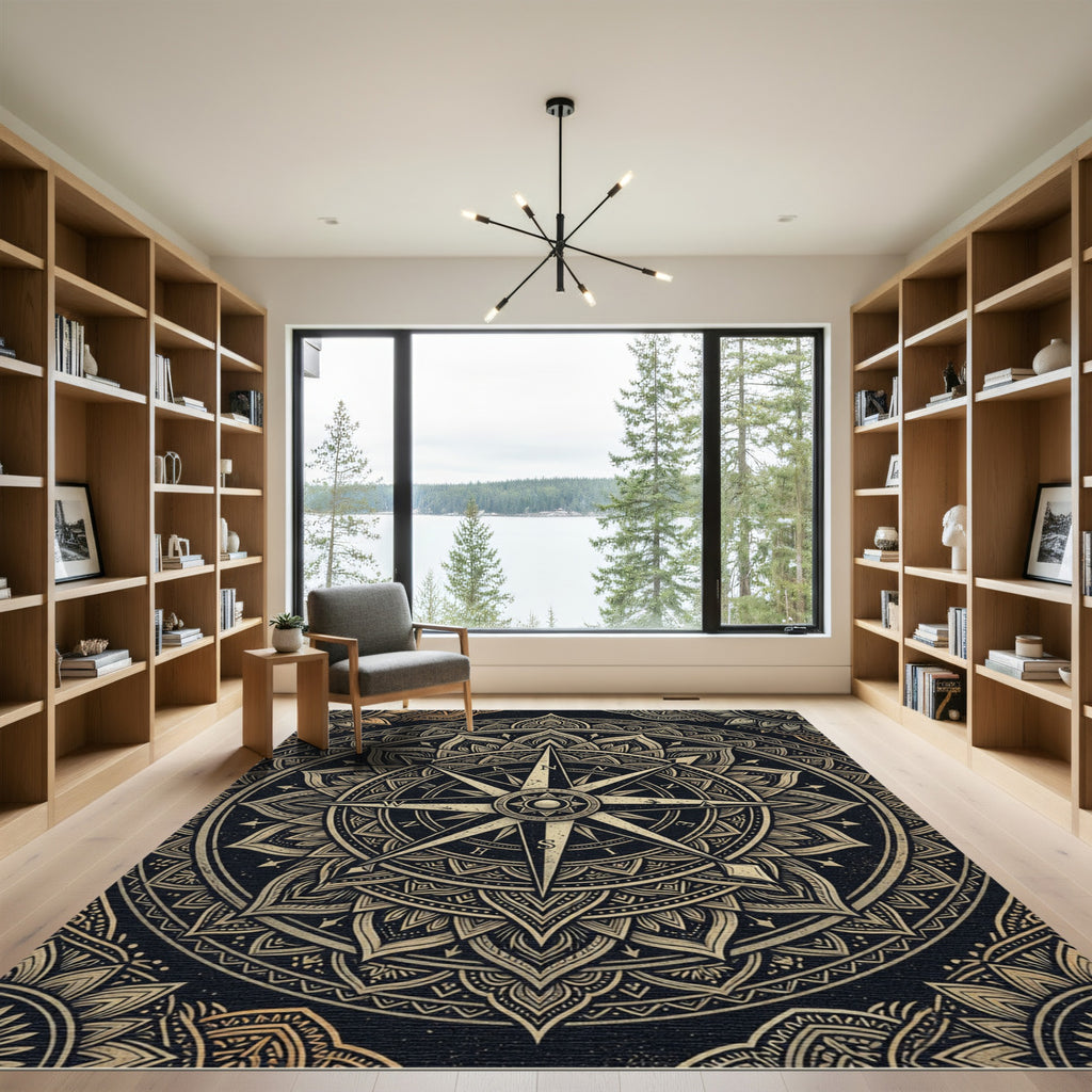 Golden Compass Mandala Black Area Rug