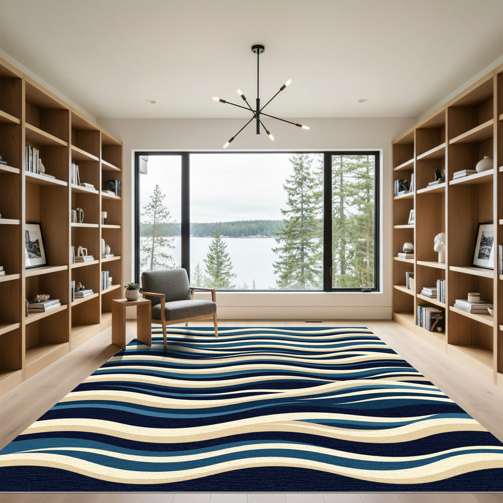 Modern Navy and Cream Abstract Waves Rug