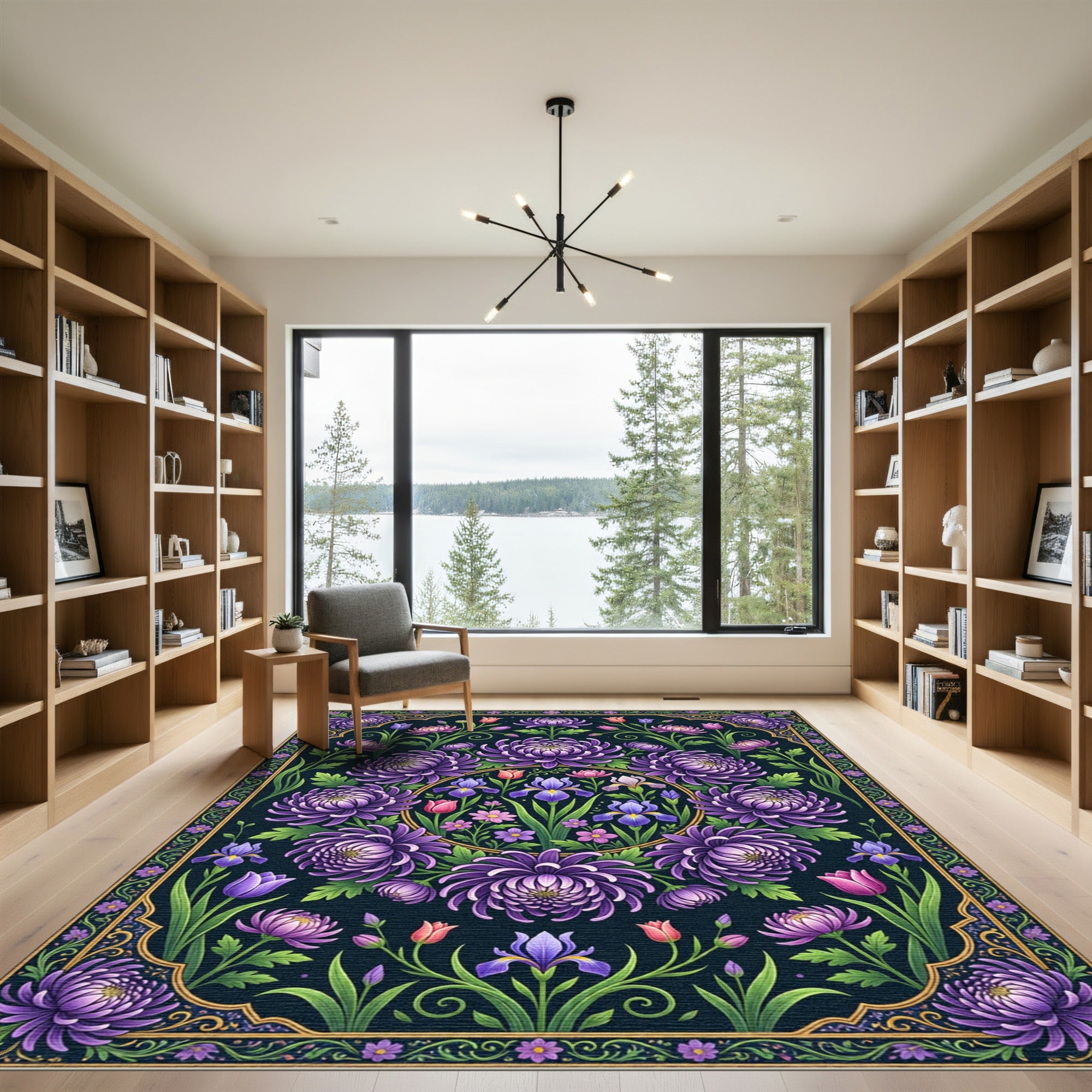 Ornate Purple Chrysanthemum Iris Floral Medallion Rug