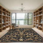 Elegant Gold Paw Flourish Damask Black Rug
