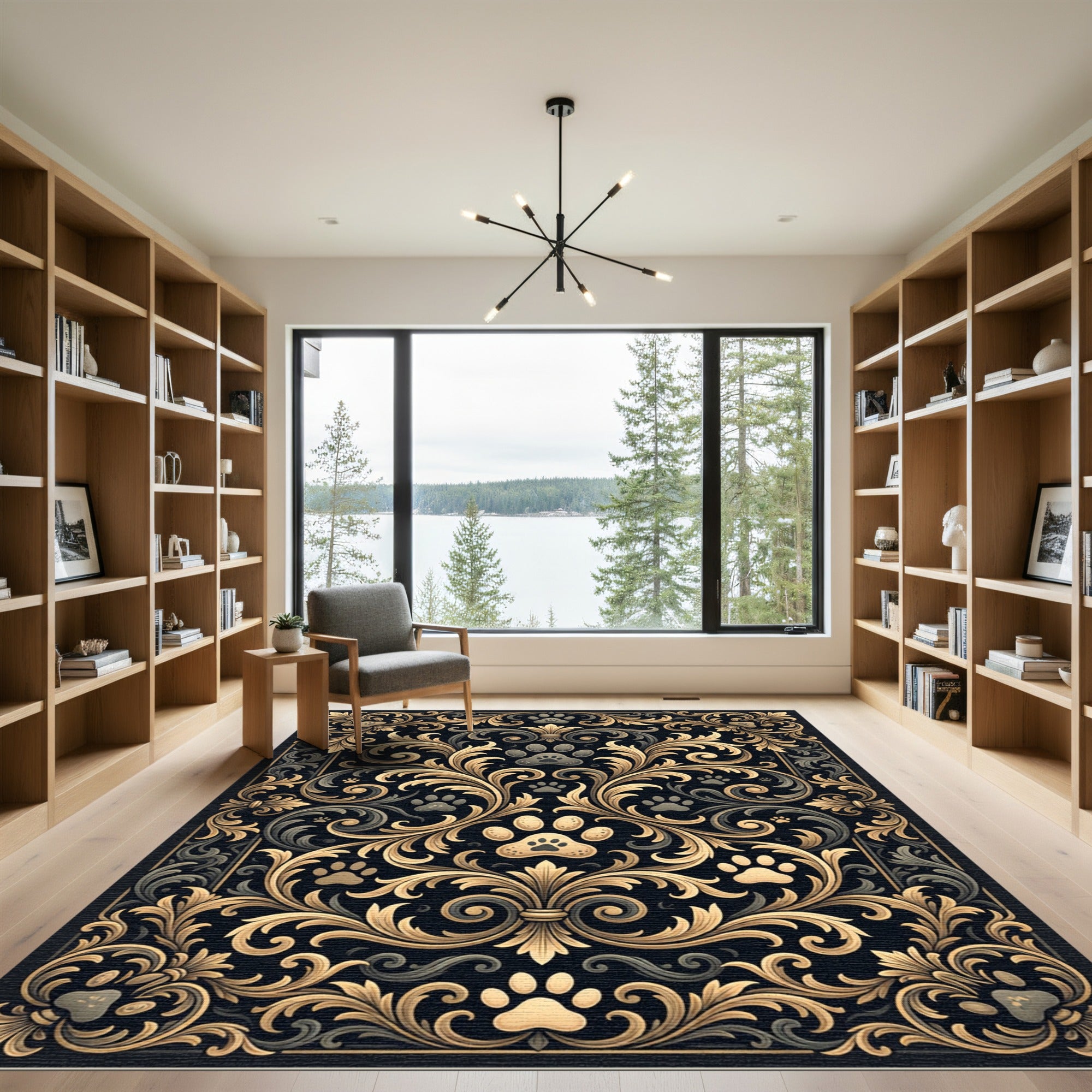 Elegant Gold Paw Flourish Damask Black Rug