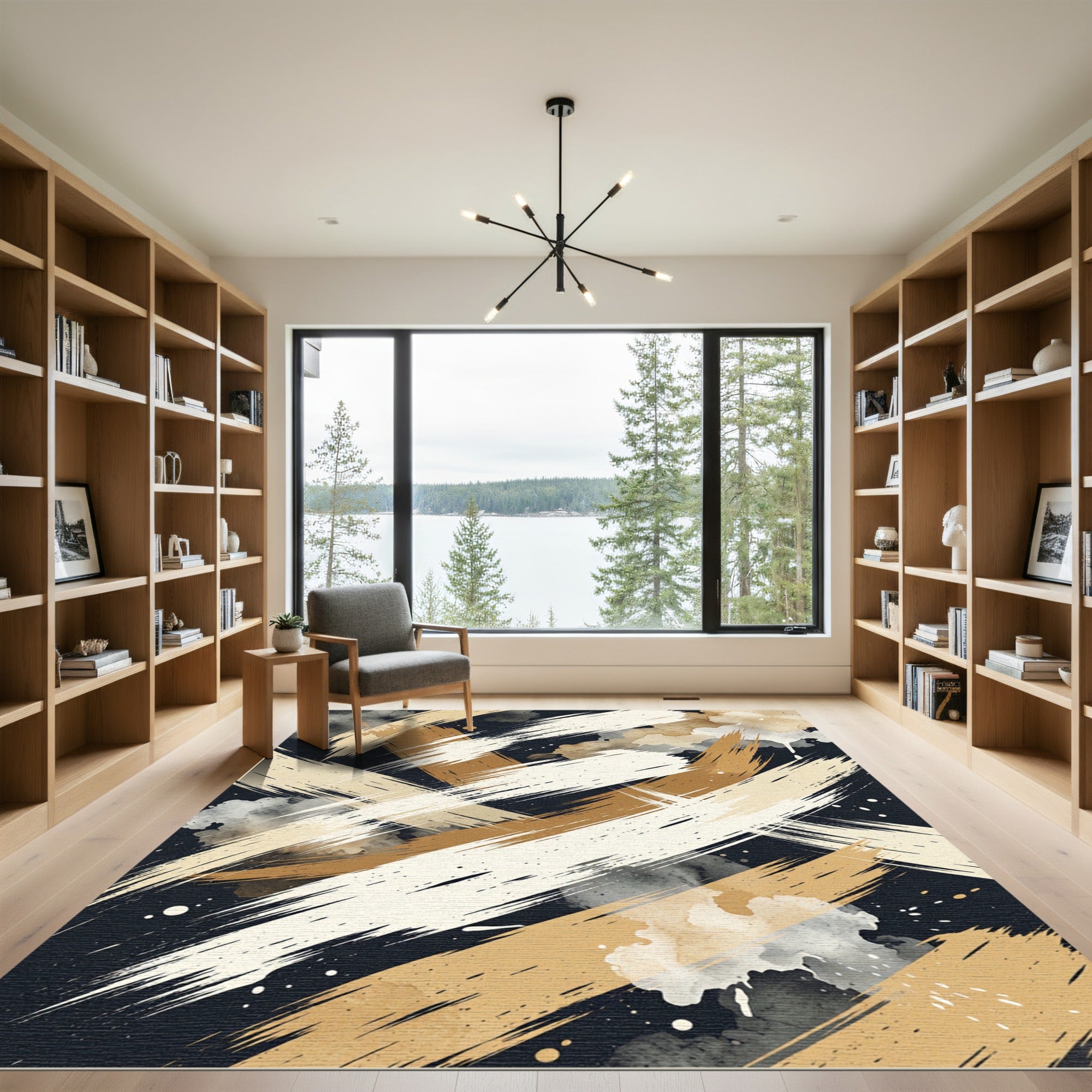 Modern Abstract Gold And Charcoal Brushstroke Rug