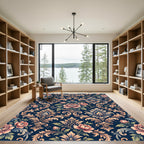 Dark Navy Elegant Floral Damask Rug