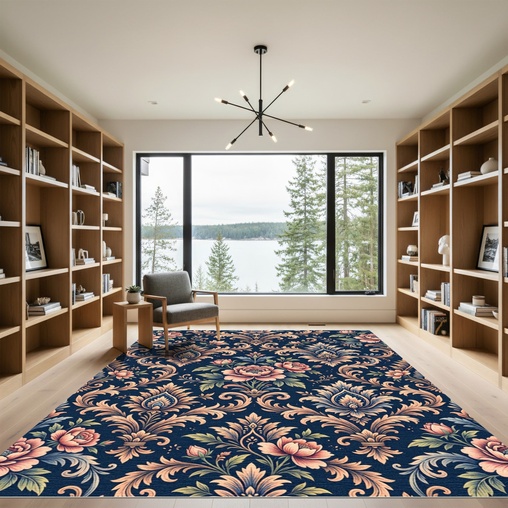 Dark Navy Elegant Floral Damask Rug