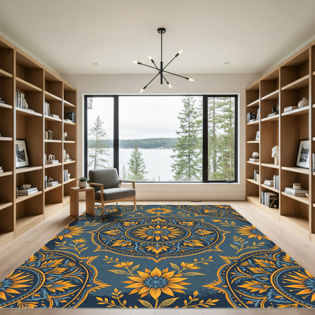 Midnight Blue Golden Sunflower Mandala Rug