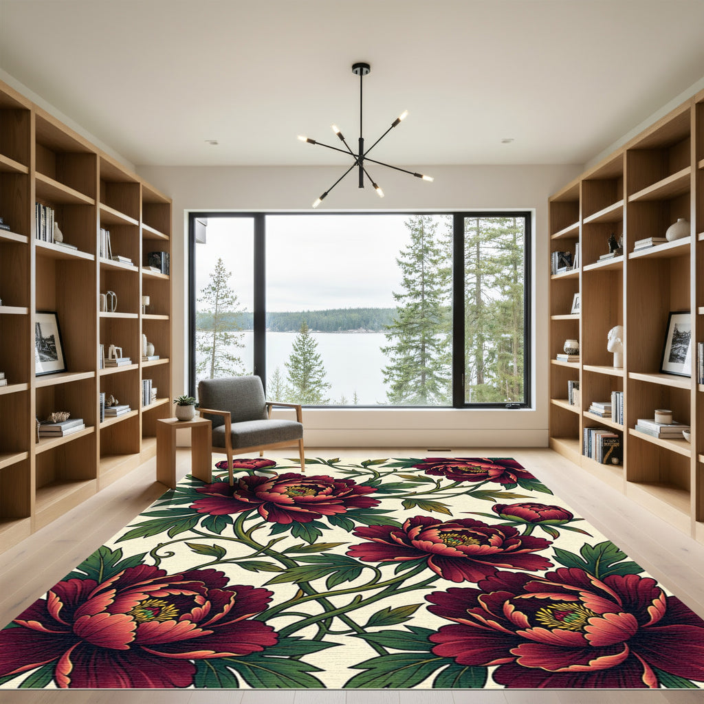 Lush Crimson Peony Botanical Creeping Vine Rug