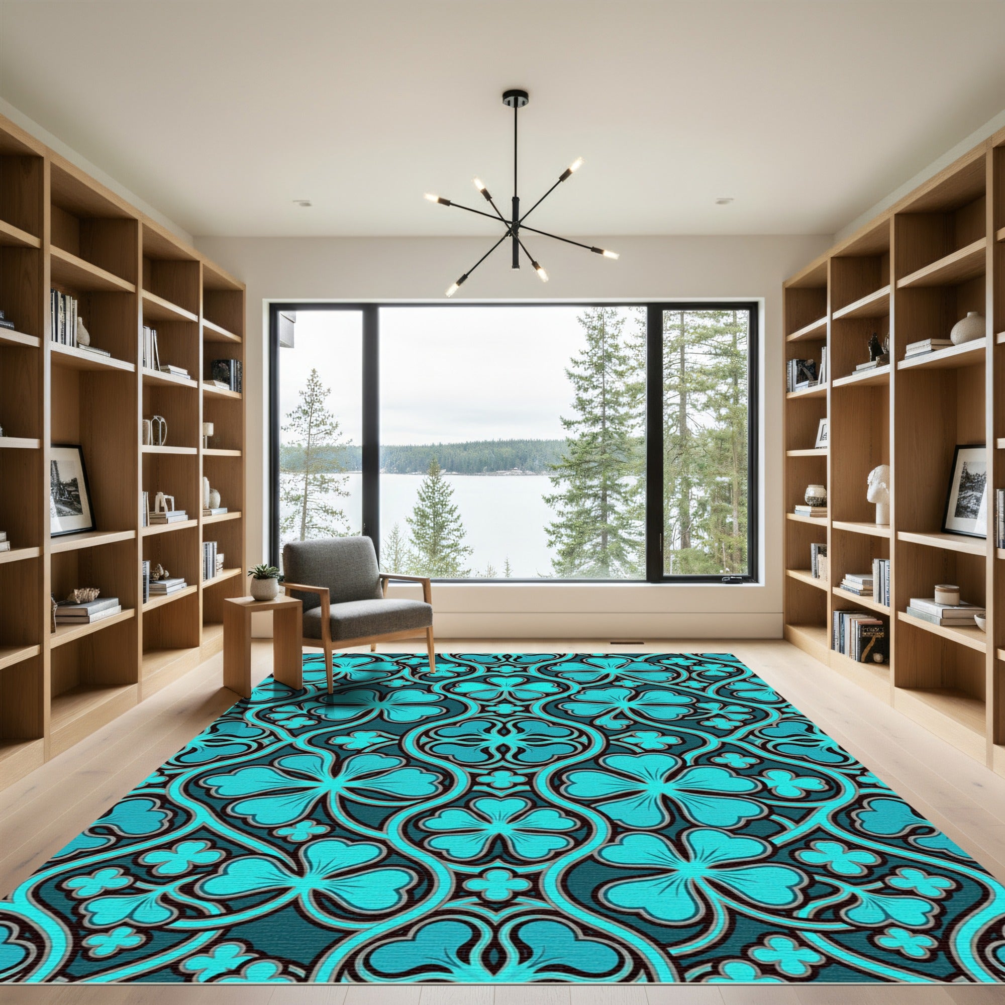 Teal Four Leaf Clover Botanical Tile Rug