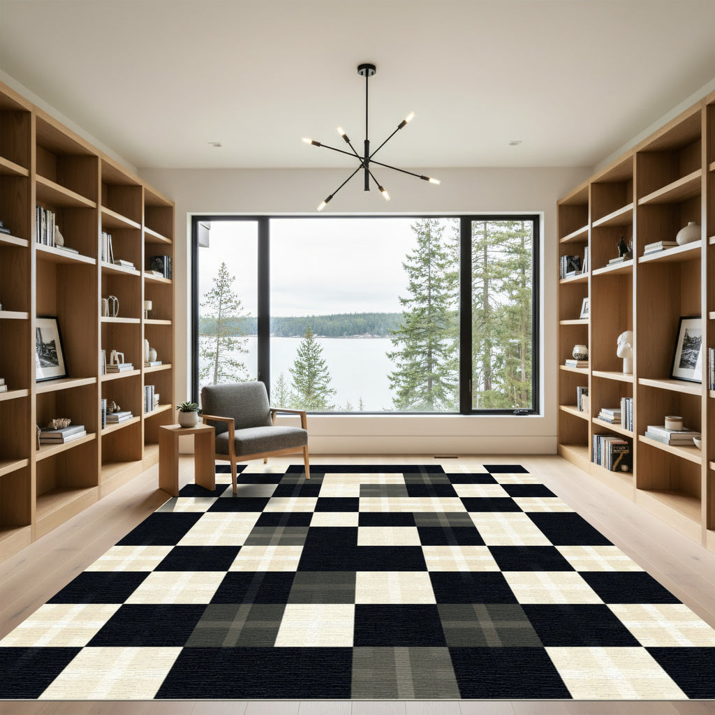 Monochrome Grid Checkered Block Floor Covering Rug