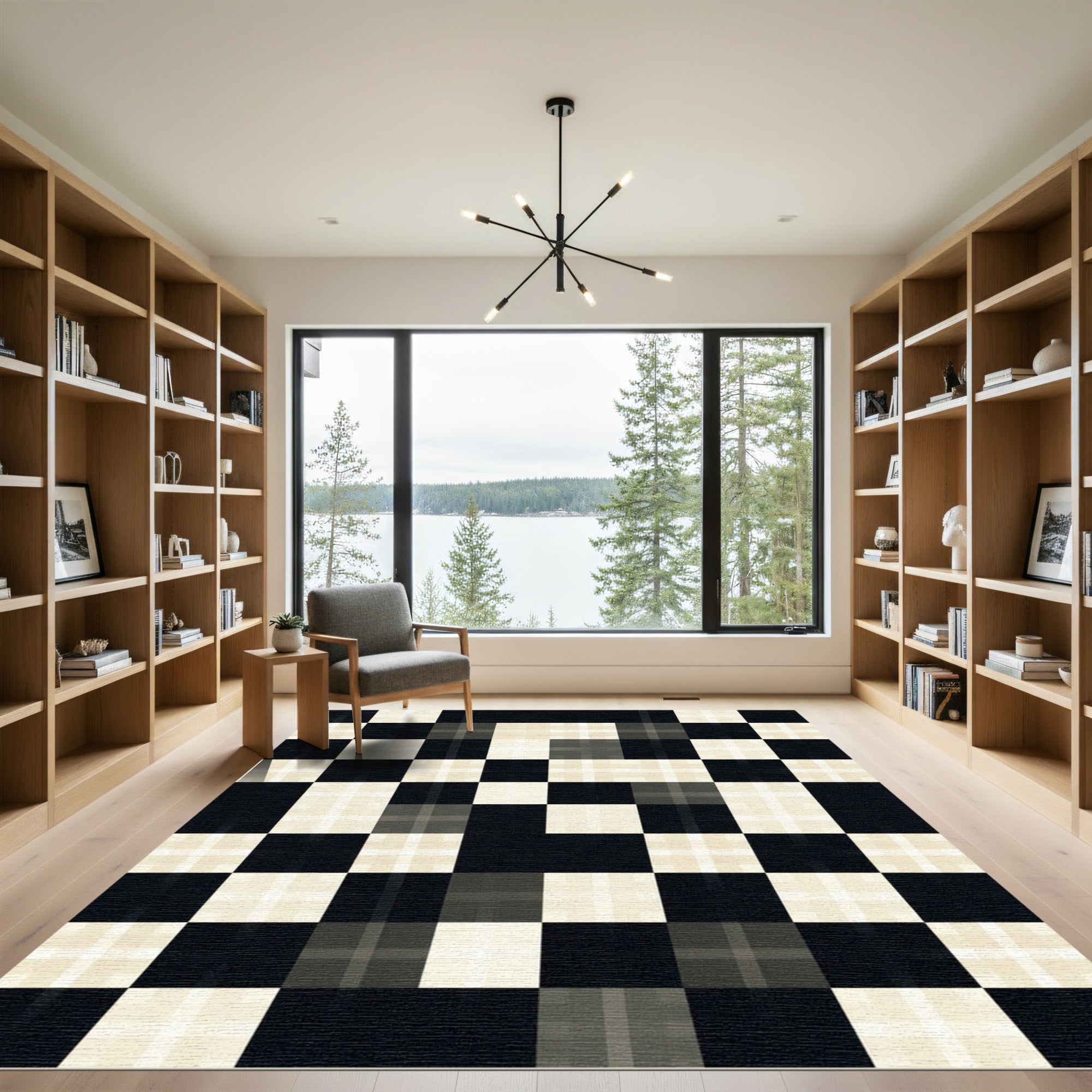 Monochrome Grid Checkered Block Floor Covering Rug