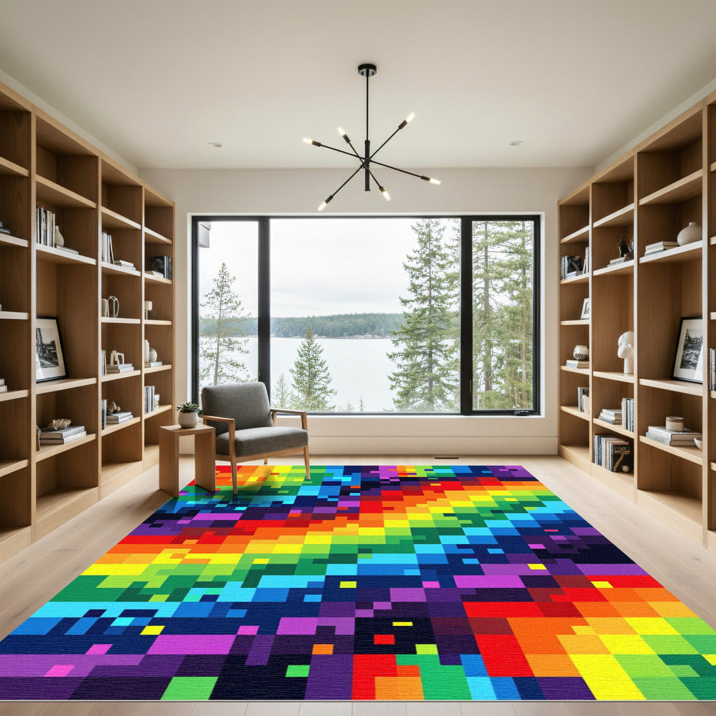 Vibrant Rainbow Pixel Art Abstract Rug