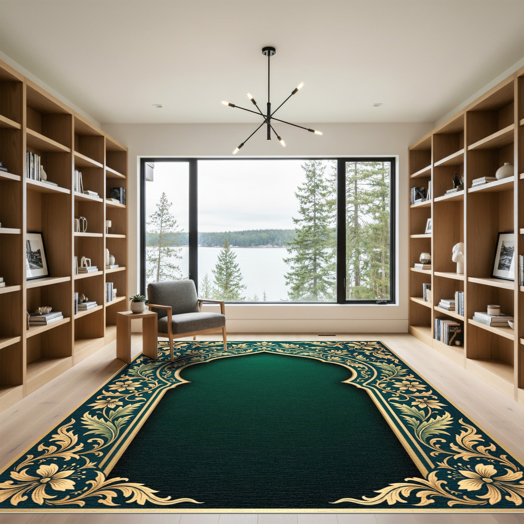 Elegant Emerald Gold Ornate Archwork Rug