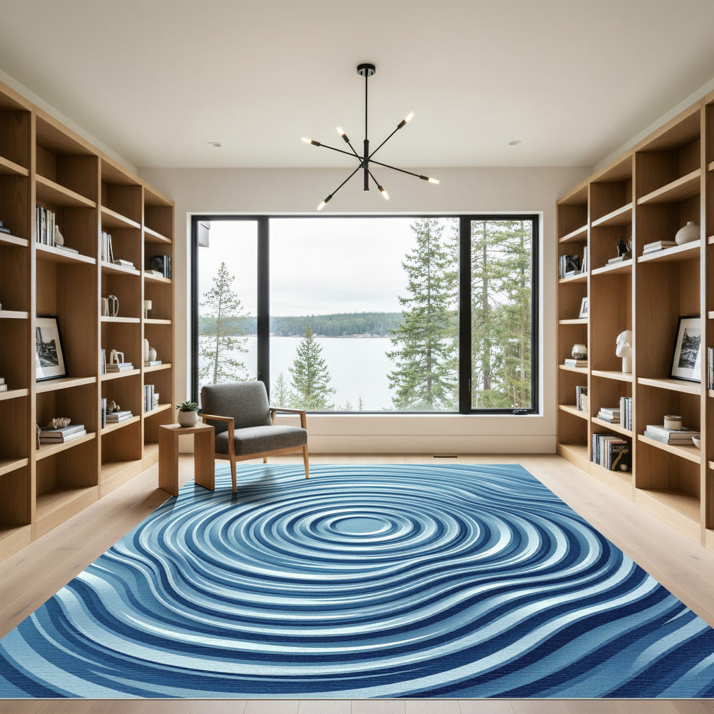 Modern Blue Concentric Ripple Rug