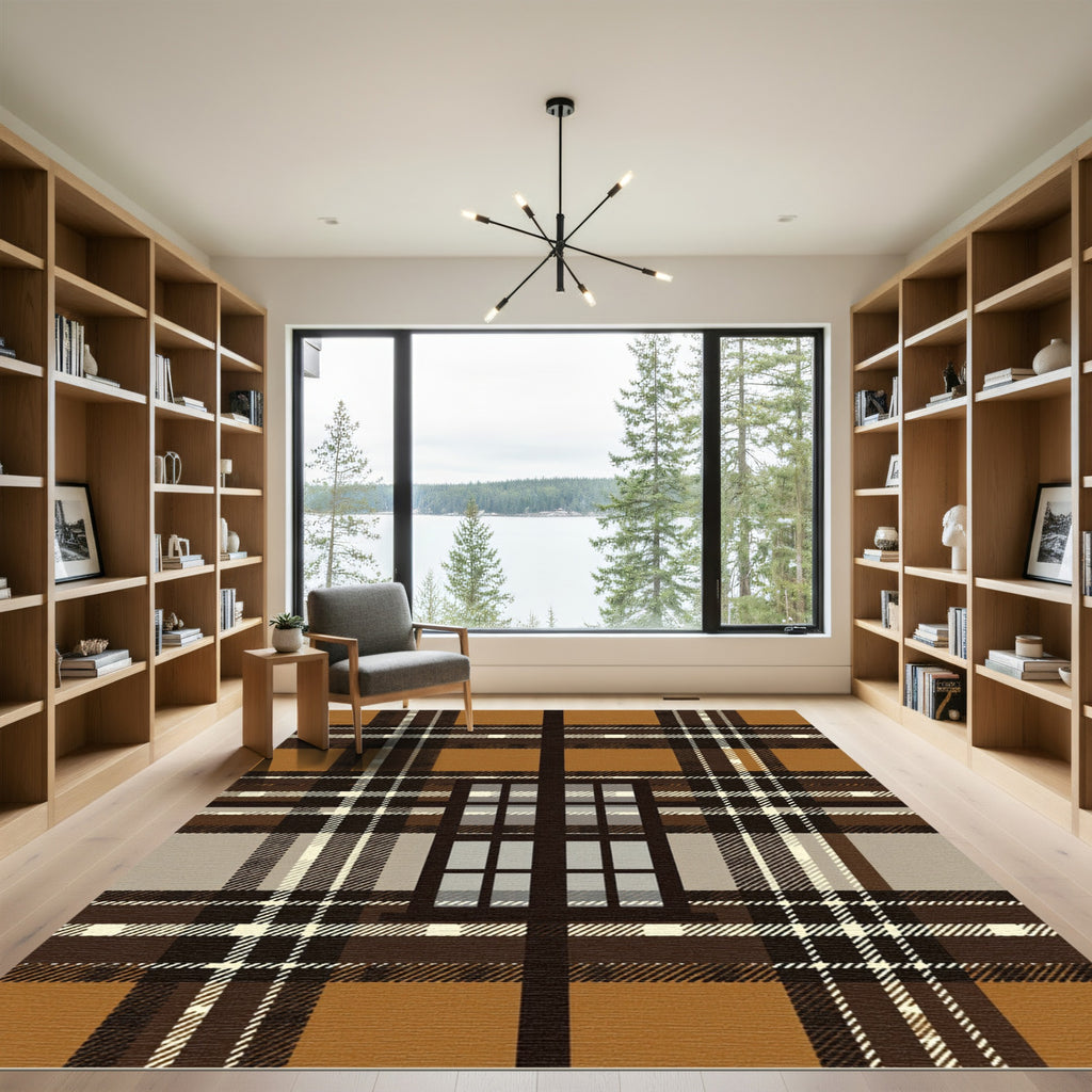 Warm Brown Plaid Window Pane Rug