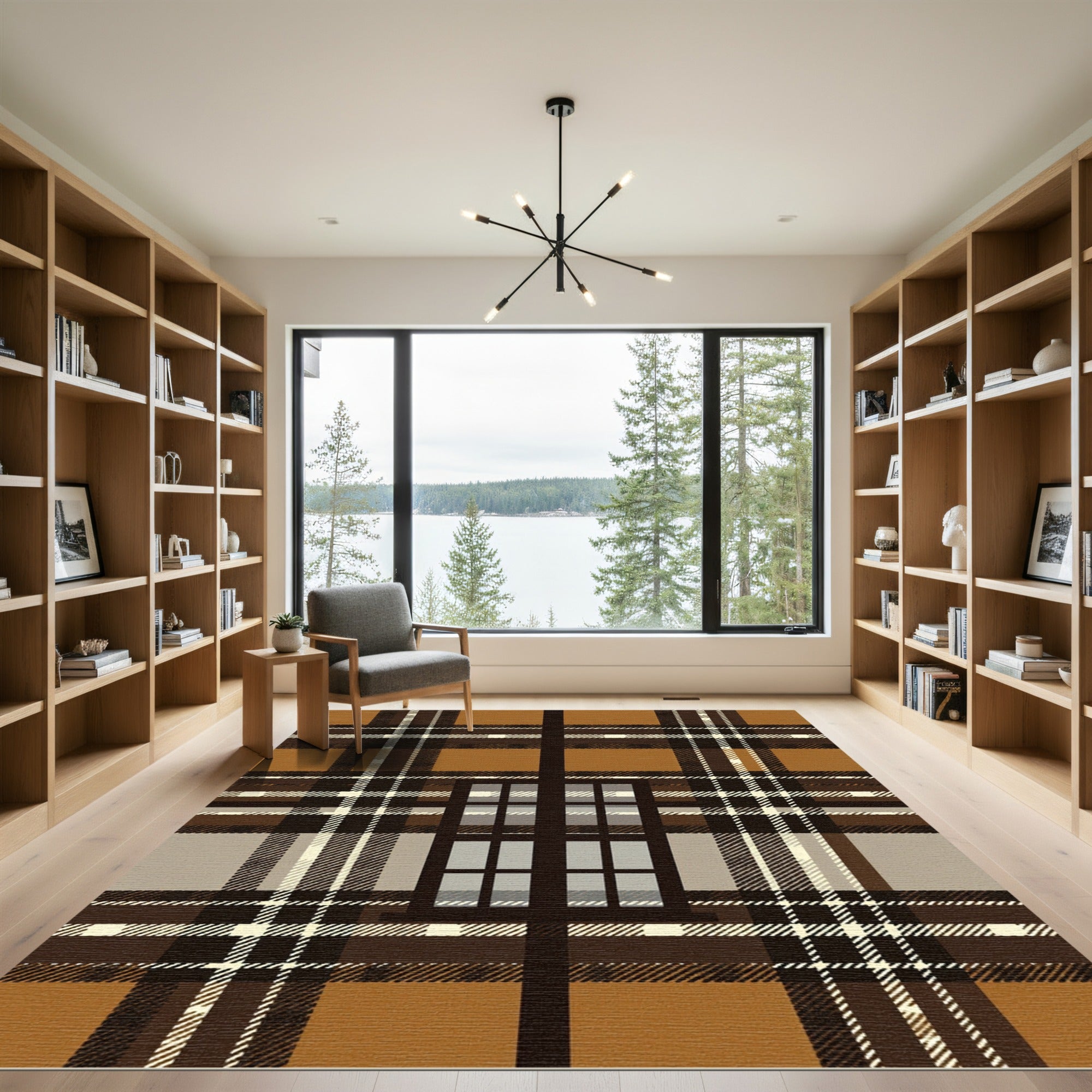 Warm Brown Plaid Window Pane Rug