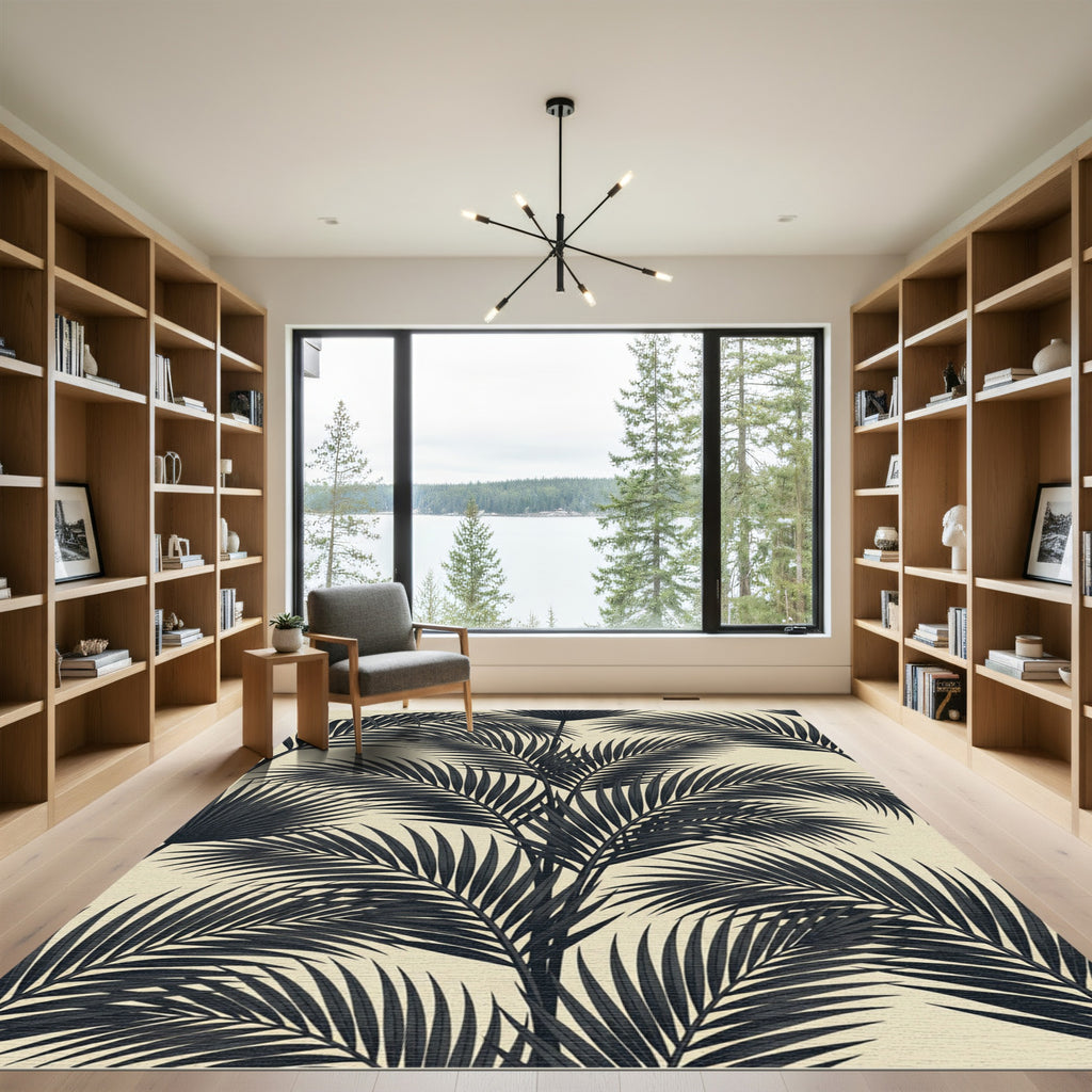 Monochrome Palm Frond Tropical Rug