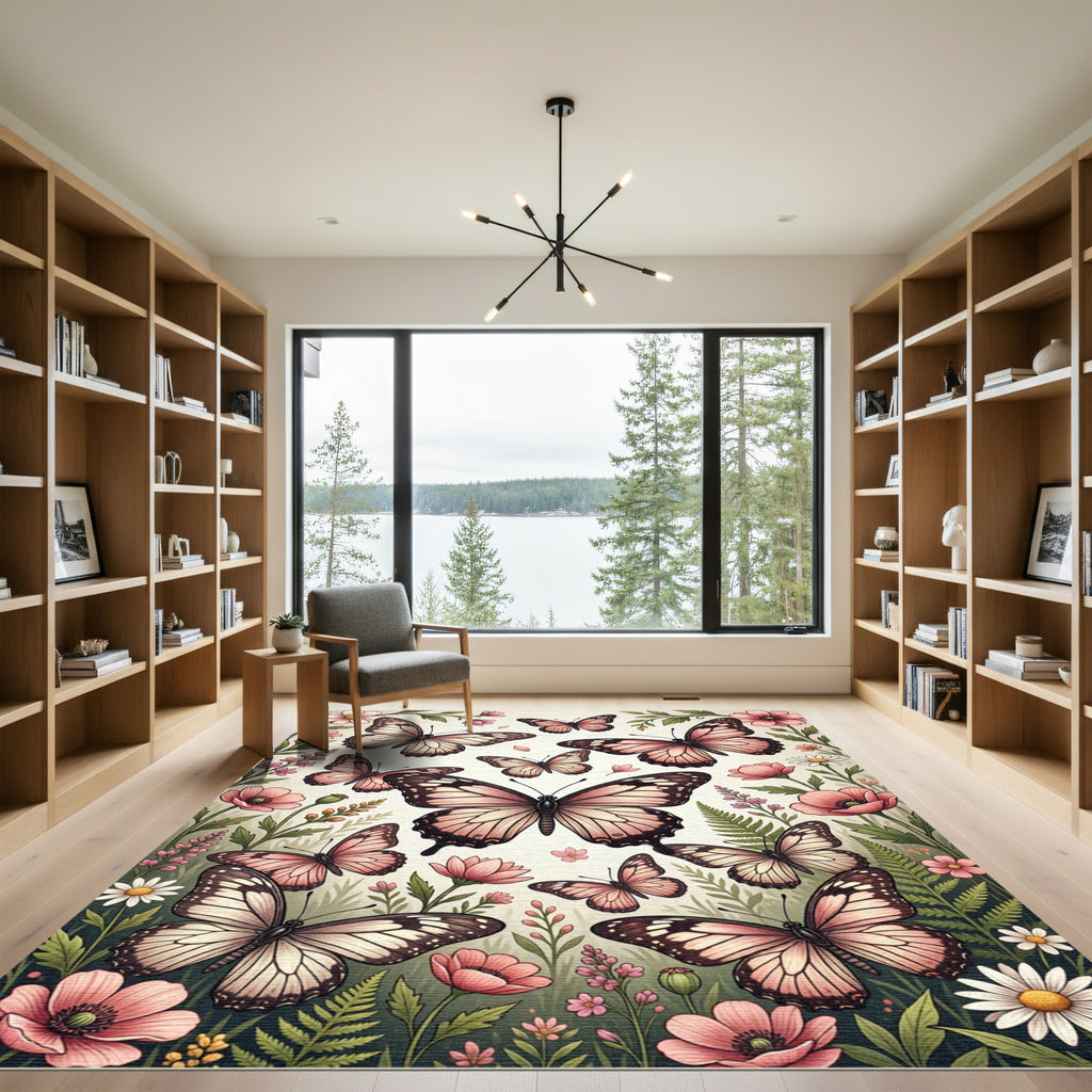 Whimsical Pastel Butterfly Botanical Illustration Rug
