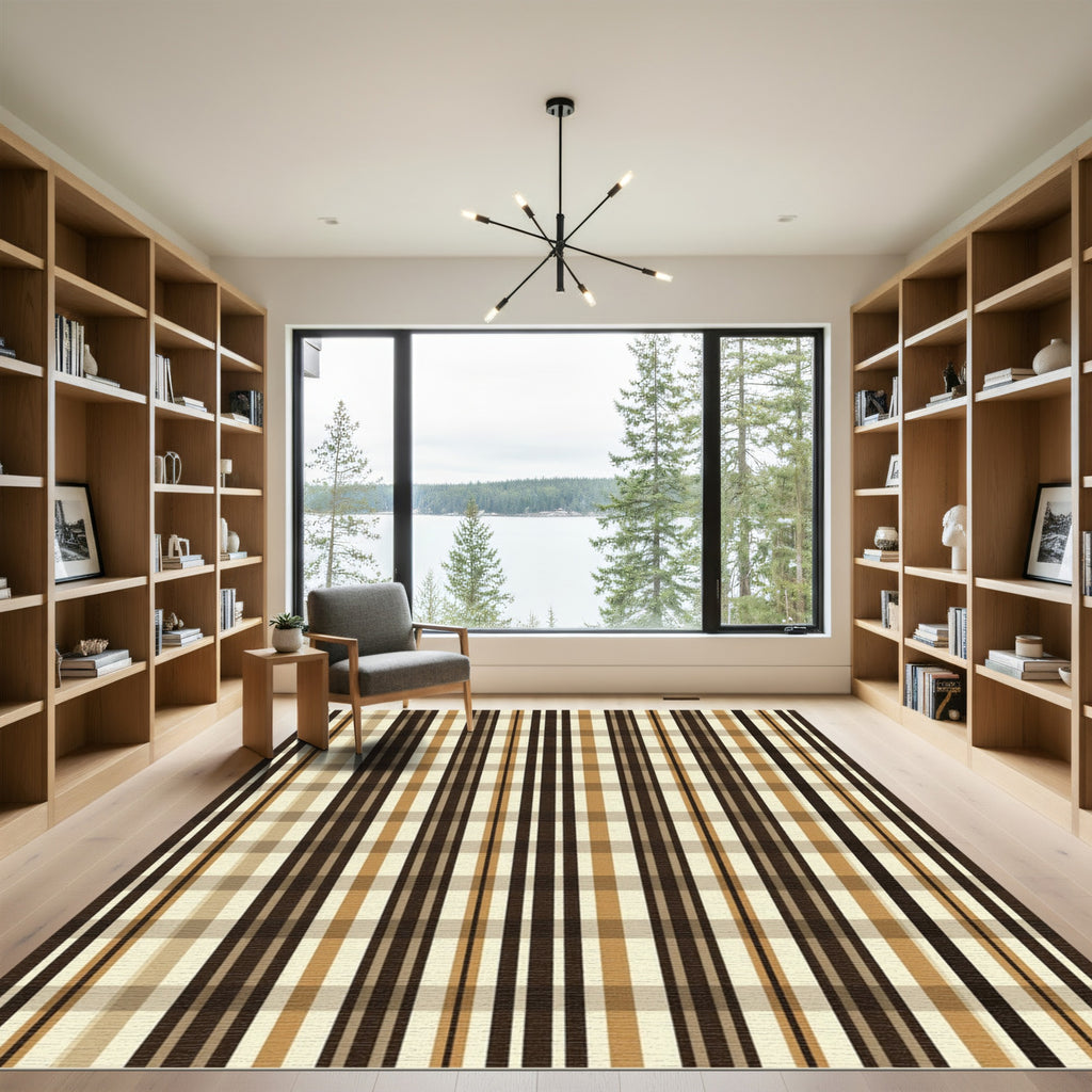 Brown Beige Plaid Vertical Stripe Rug