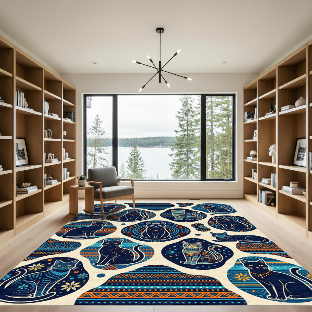 Enchanted Midnight Cat Folk Art Tapestry Rug