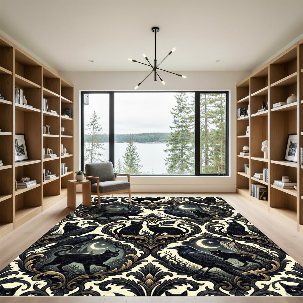 Gothic Black Cat And Raven Damask Rug