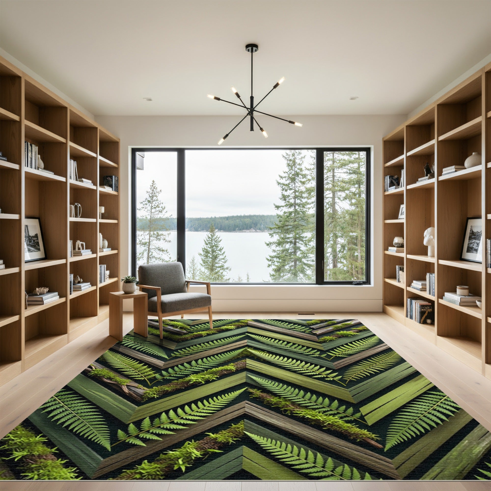 Green Fern Wood Chevron Arrangement Rug