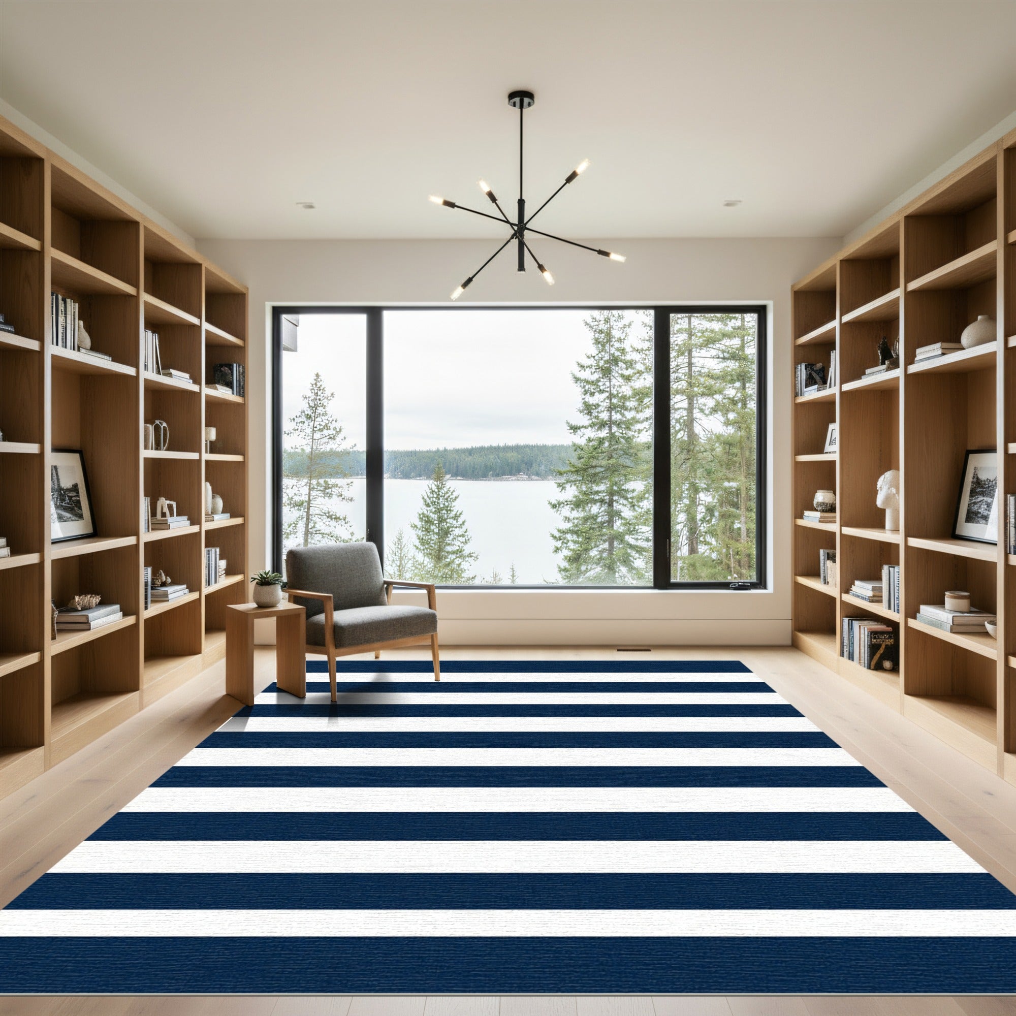 Classic Navy Blue Horizontal Striped Rug