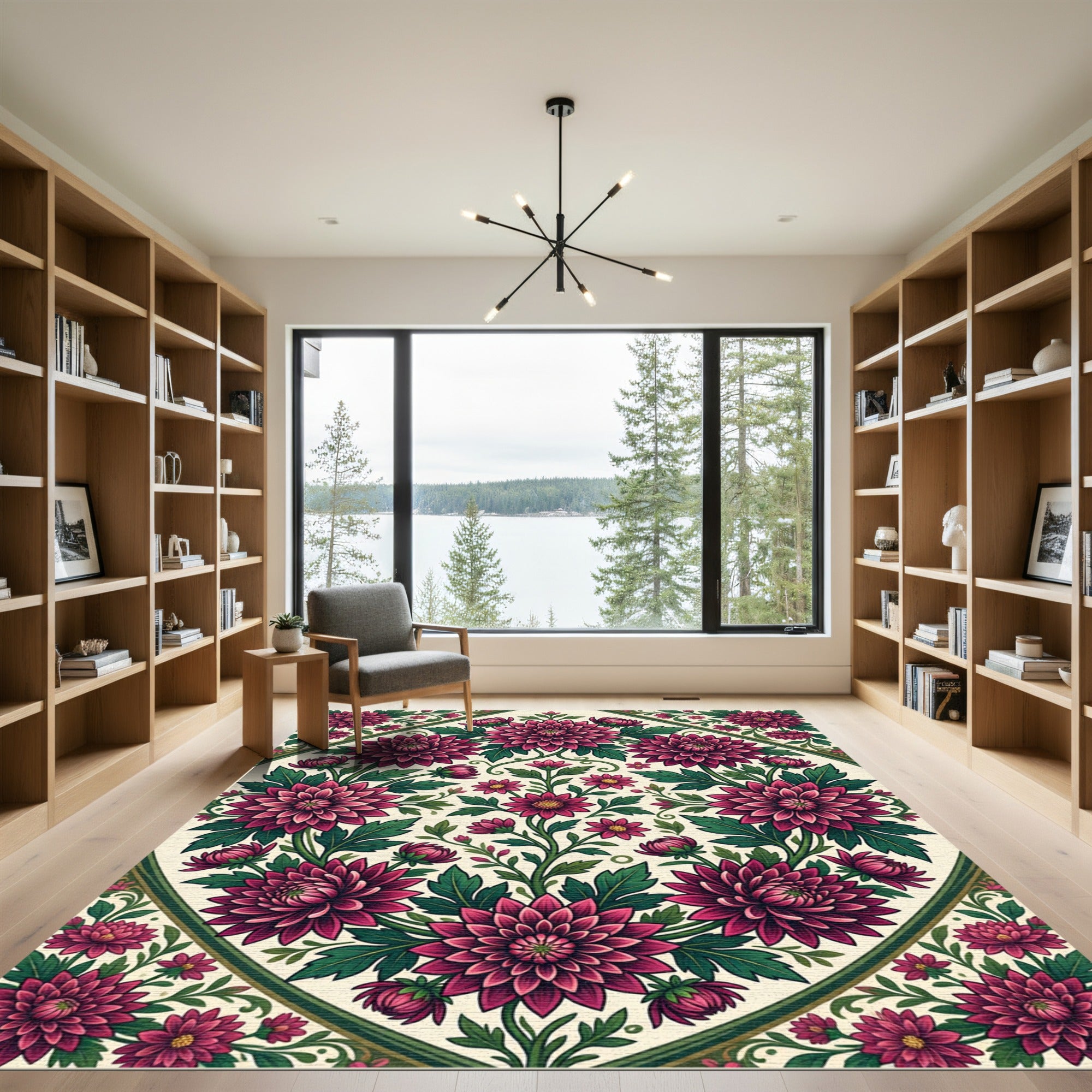 Vibrant Magenta Chrysanthemum Floral Medallion Rug