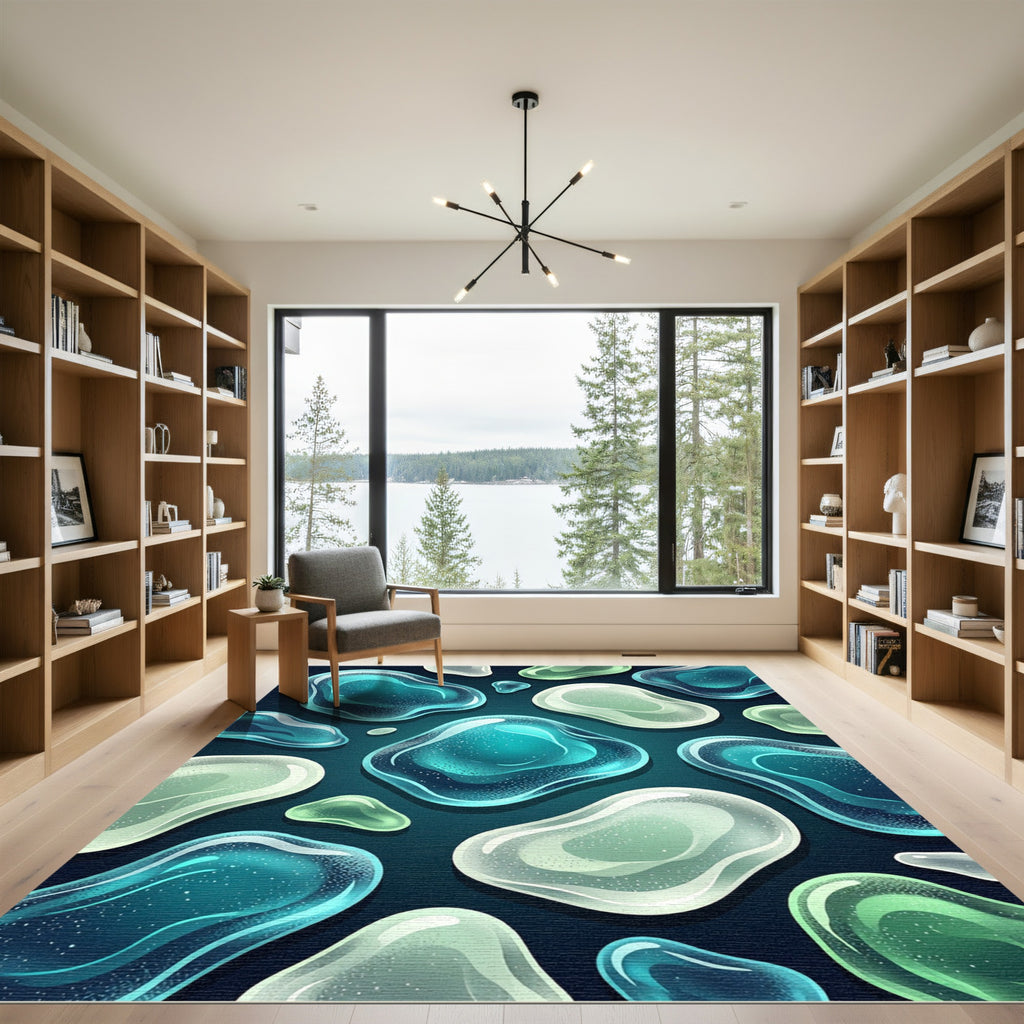 Abstract Teal And Mint Glass Pebble Rug