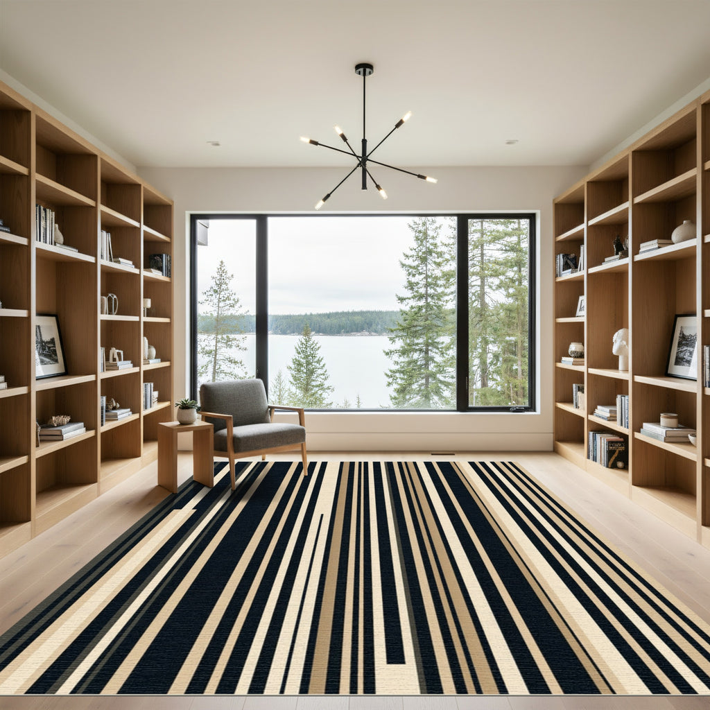 Classic Black Beige Vertical Stripe Rug