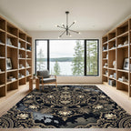 Ornate Golden Floral Medallion Black Rug