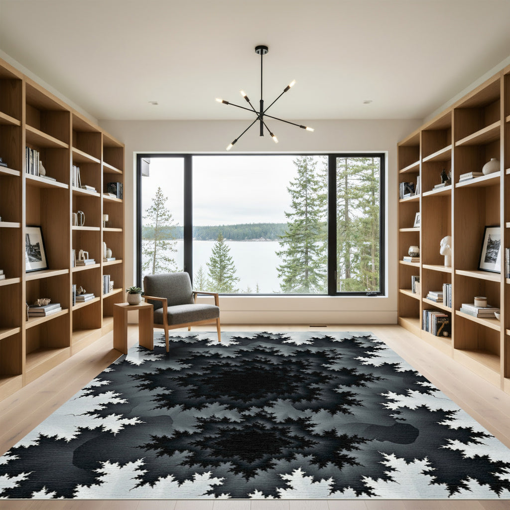 Monochrome Fractal Swirl Abstract Art Rug
