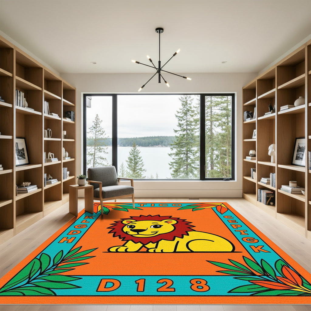 Playful Yellow Lion Orange Border Rug