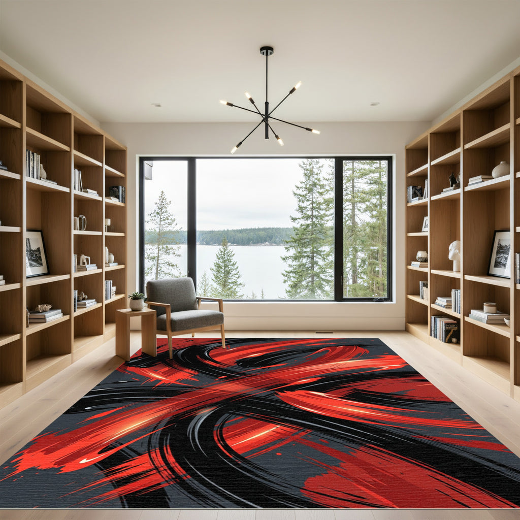 Abstract Crimson and Charcoal Swirl Rug