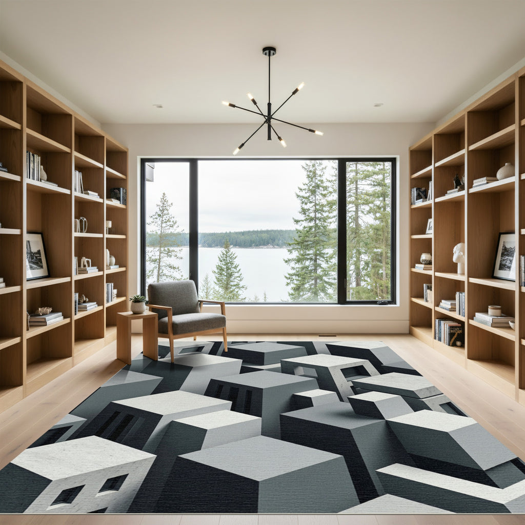Monochrome Geometric Urban Landscape Rug