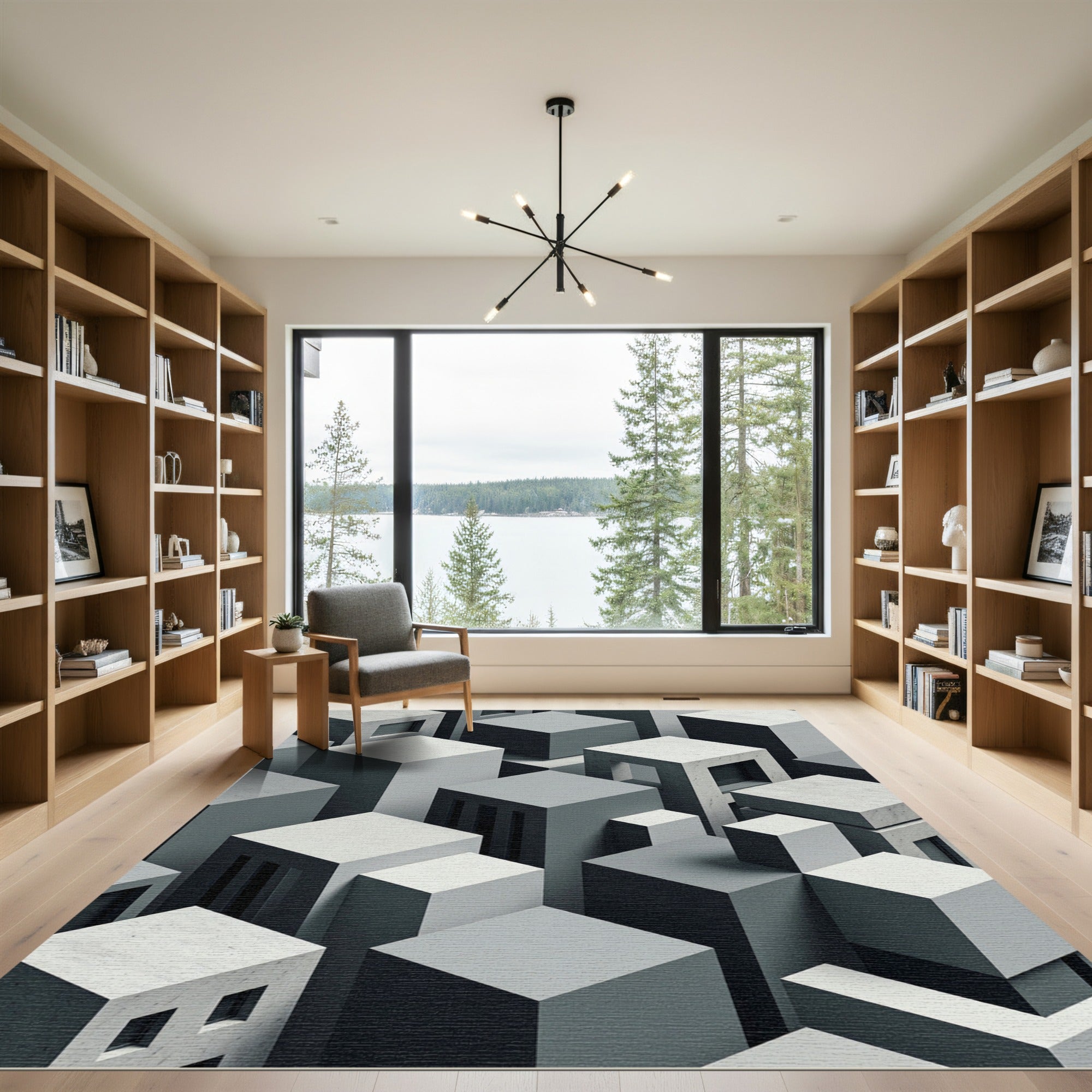 Monochrome Geometric Urban Landscape Rug