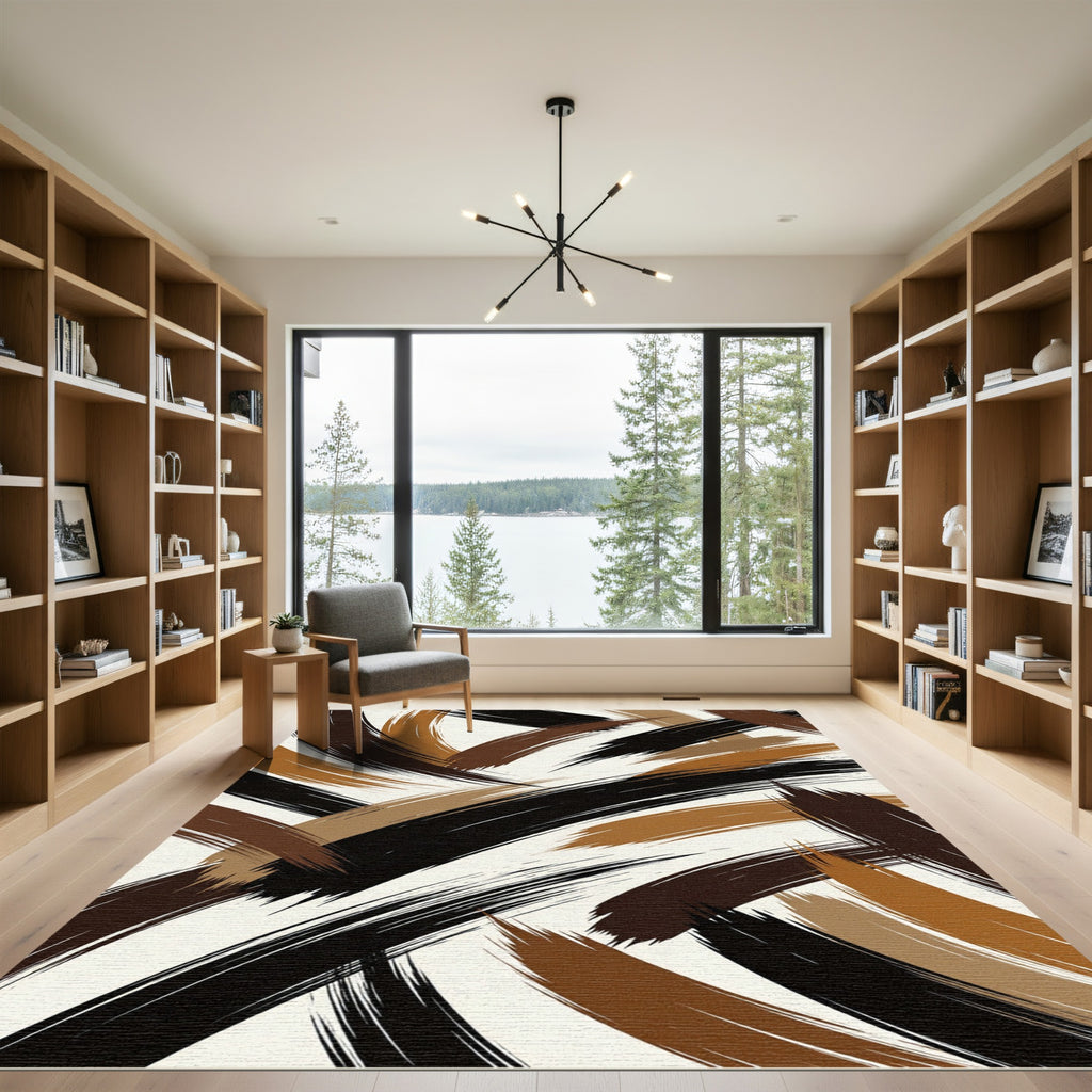 Dynamic Brown Black Brush Stroke Rug