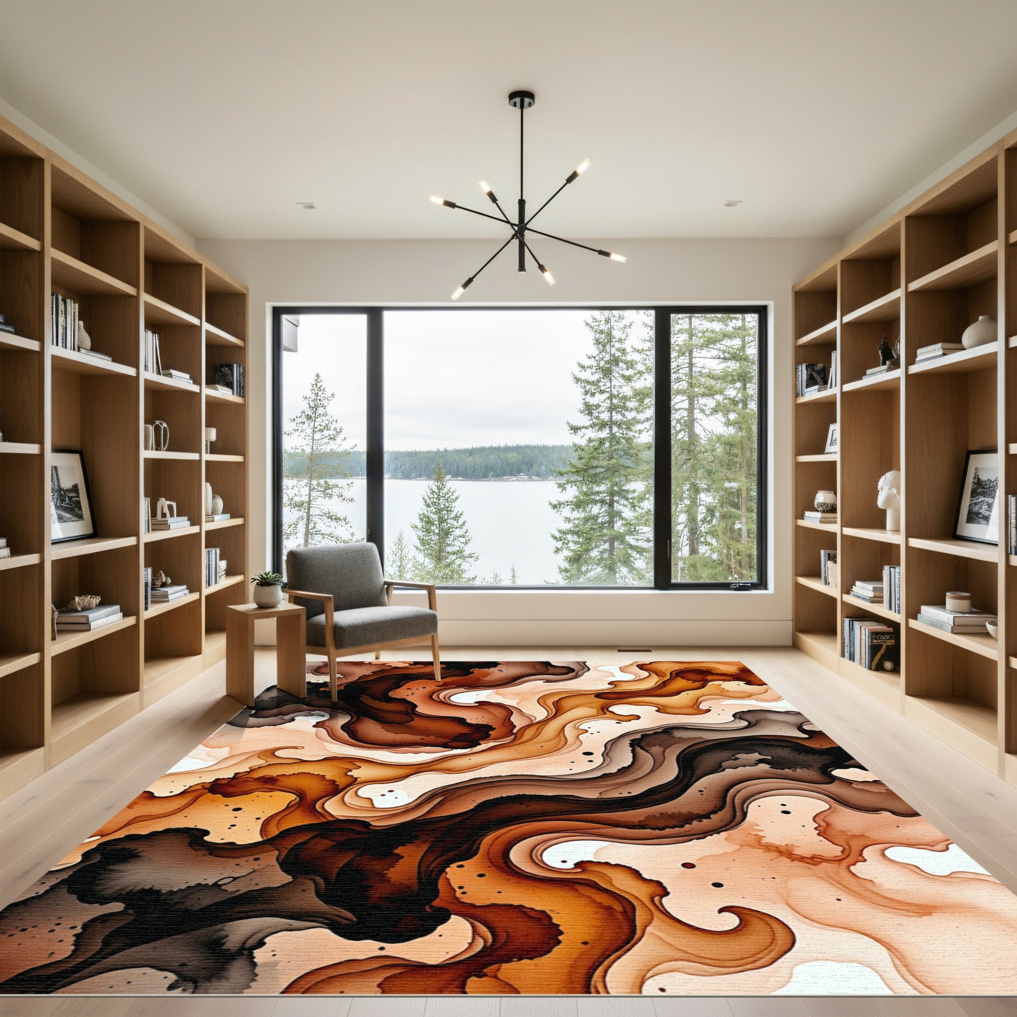 Fluid Amber and Espresso Abstract Wave Rug