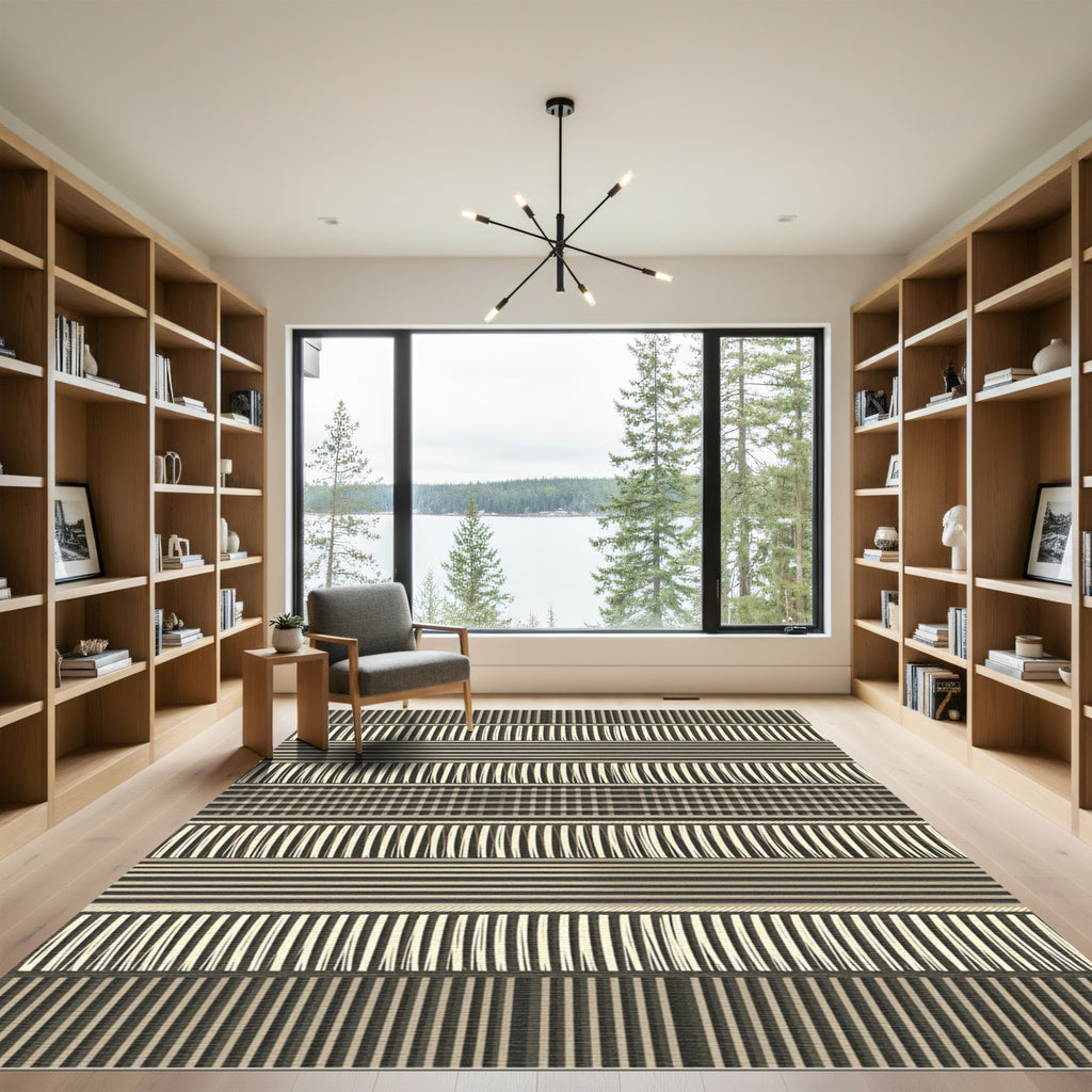 Earthy Neutral Tonal Striped Linear Grid Rug