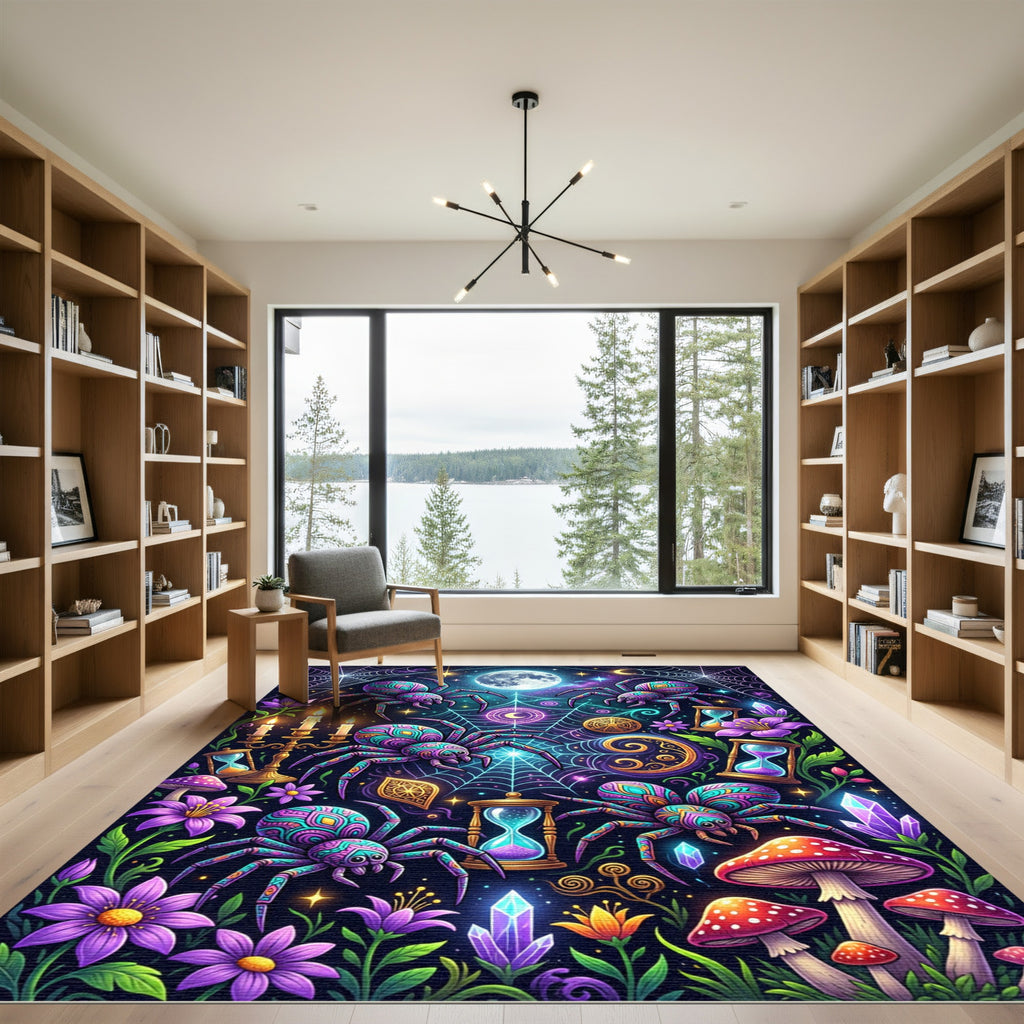 Neon Spider Web Celestial Mystic Moon Rug