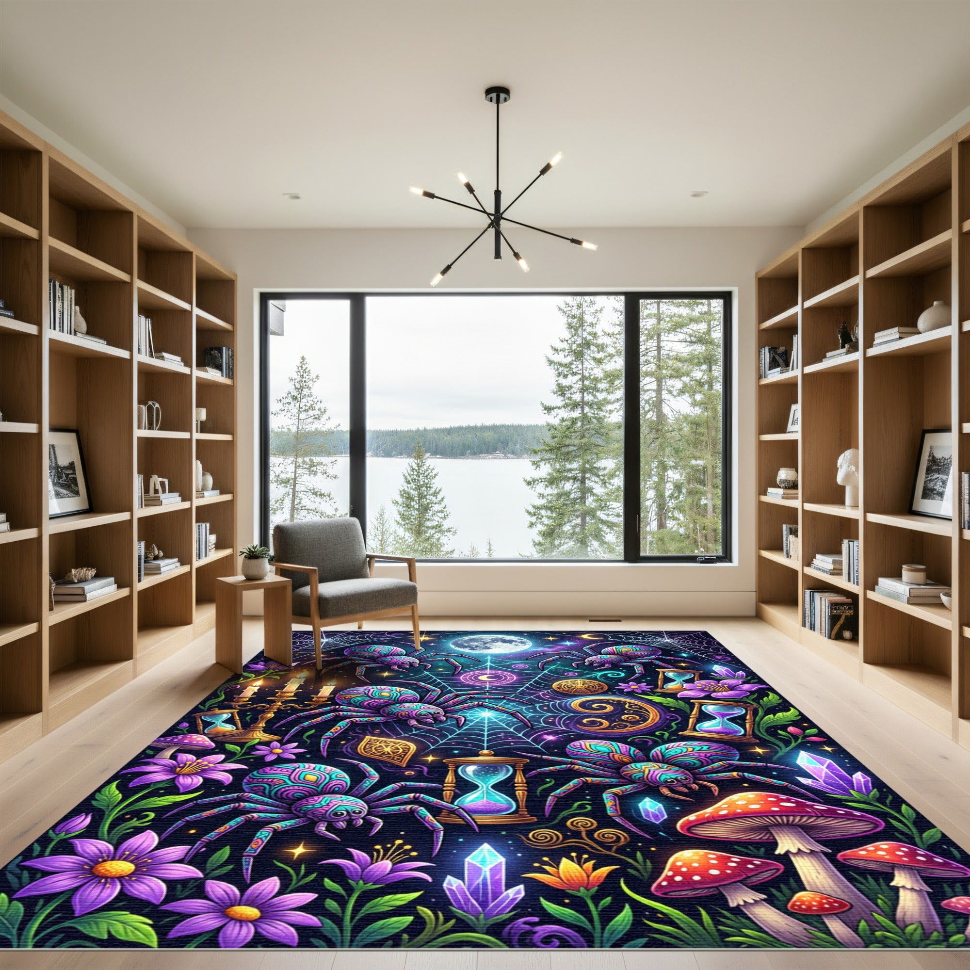 Neon Spider Web Celestial Mystic Moon Rug