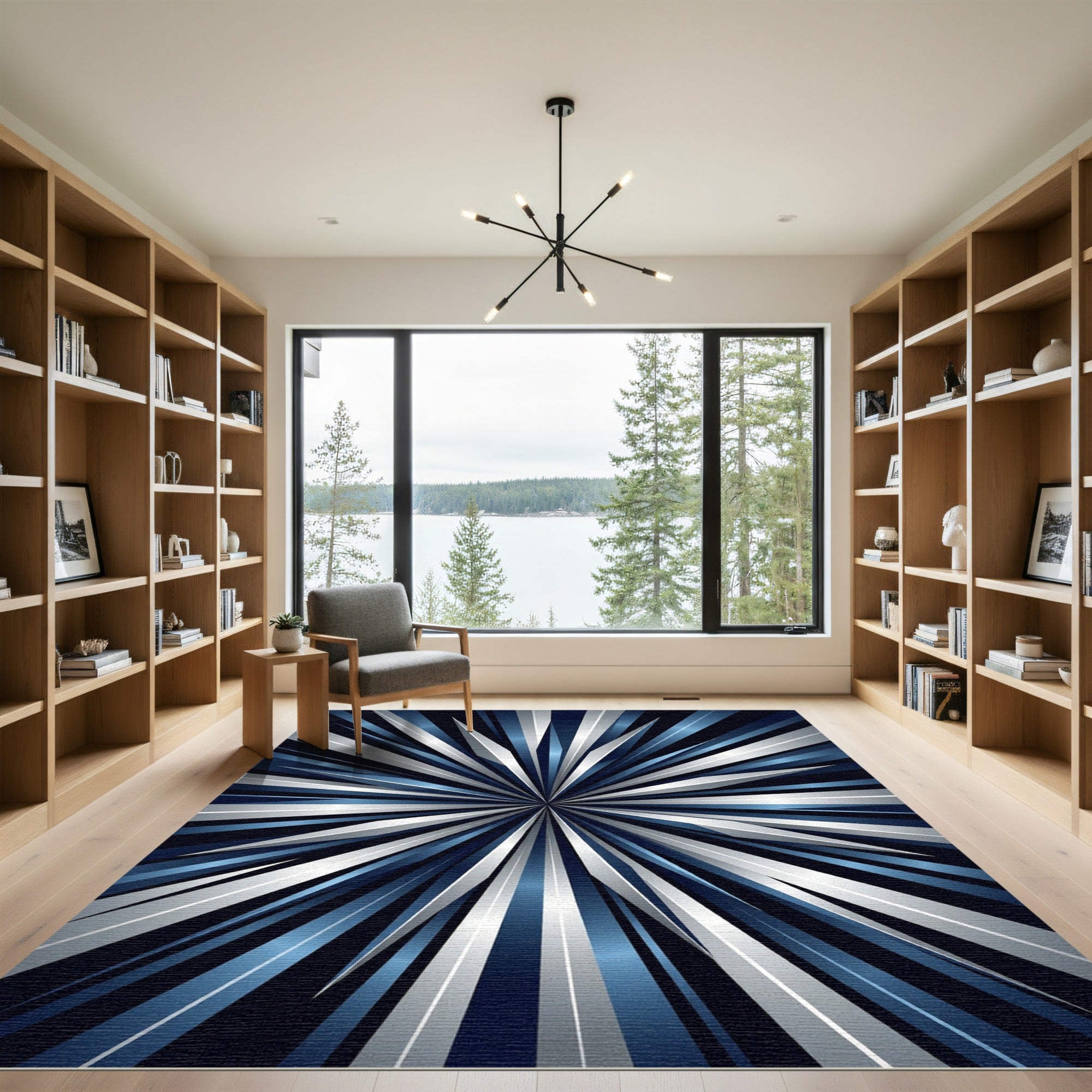 Metallic Blue Radiant Starburst Ray Rug