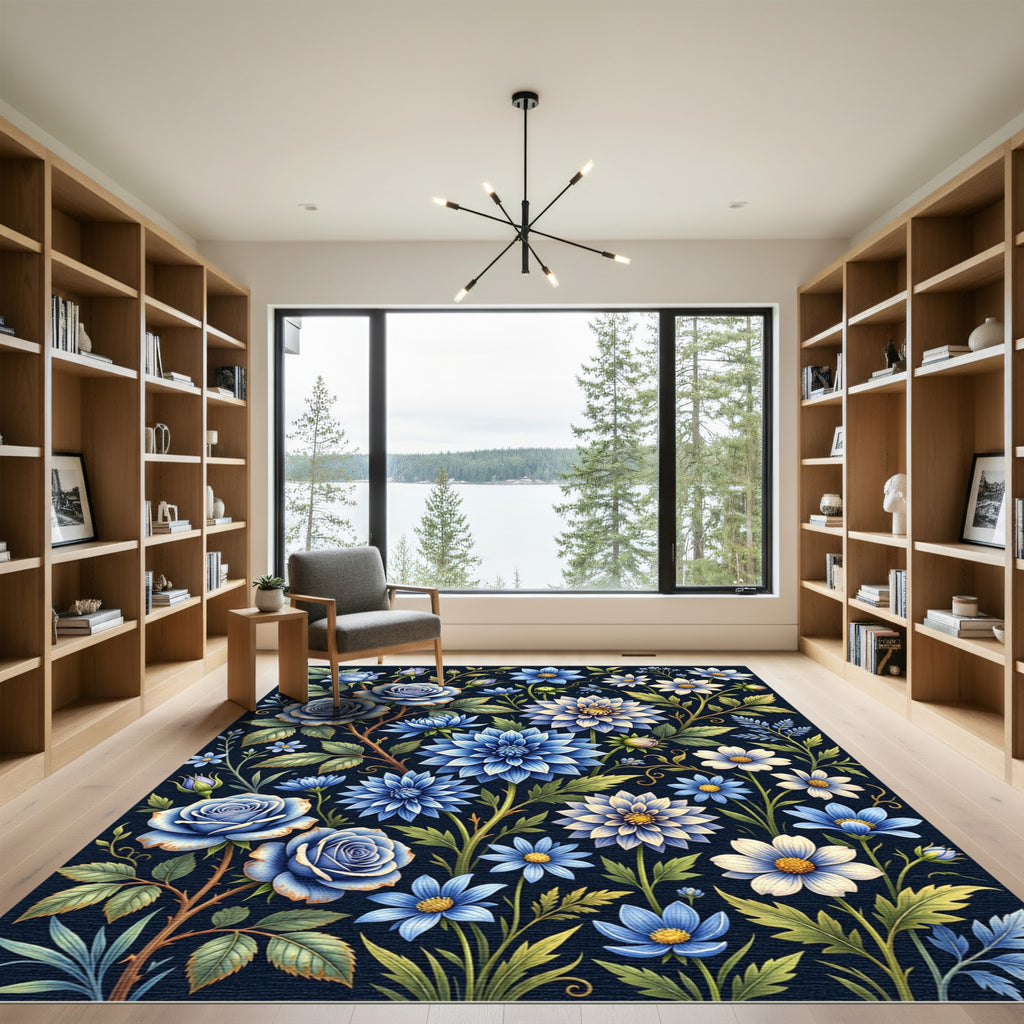 Rich Blue Floral Garden Composition Rug