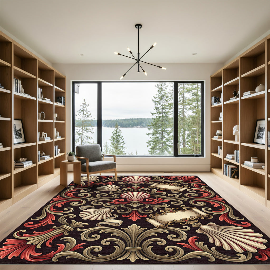 Ornate Scarlet Seashell Scrollwork Rug