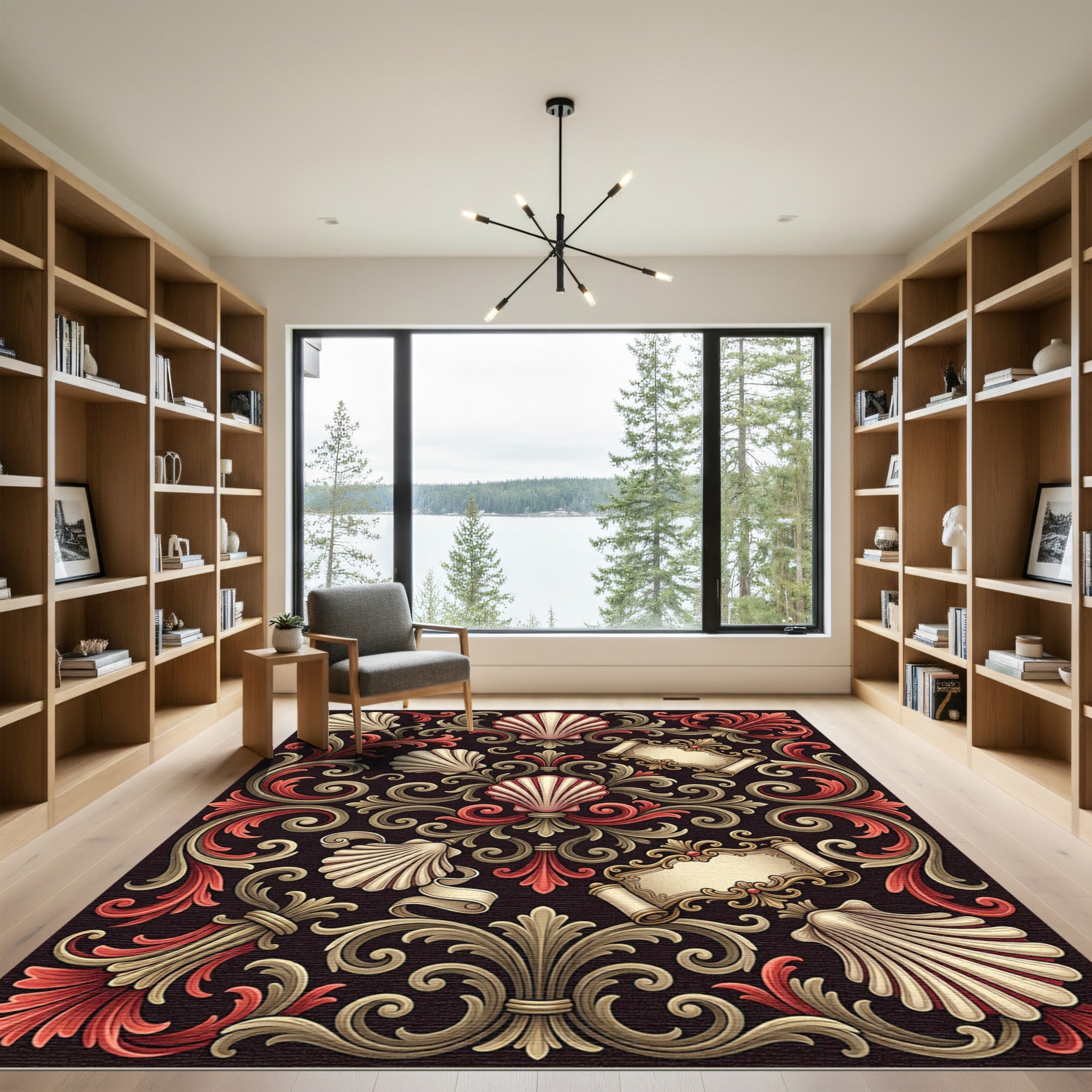 Ornate Scarlet Seashell Scrollwork Rug