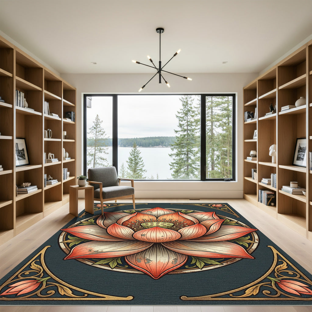 Coral Pink Lotus Mandala Art Rug