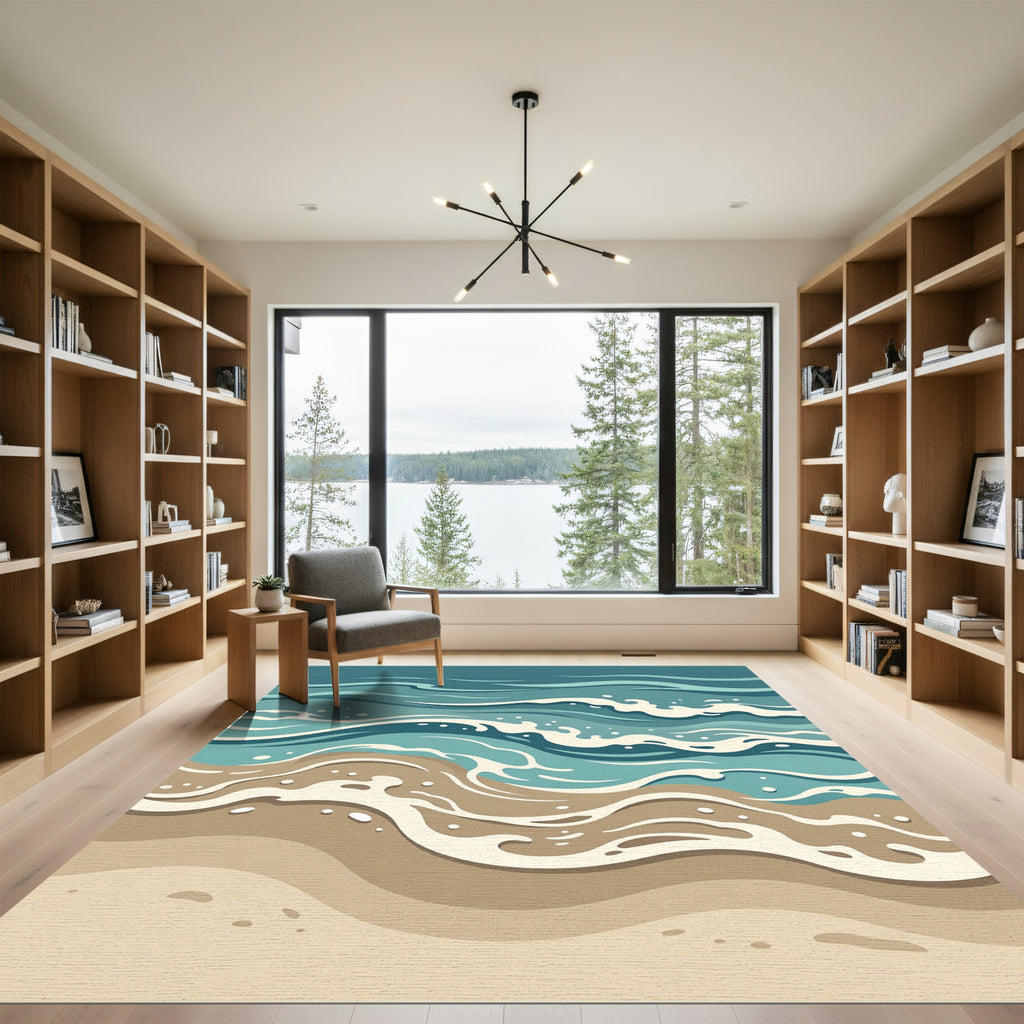 Abstract Serene Coastal Wave Ocean Art Rug