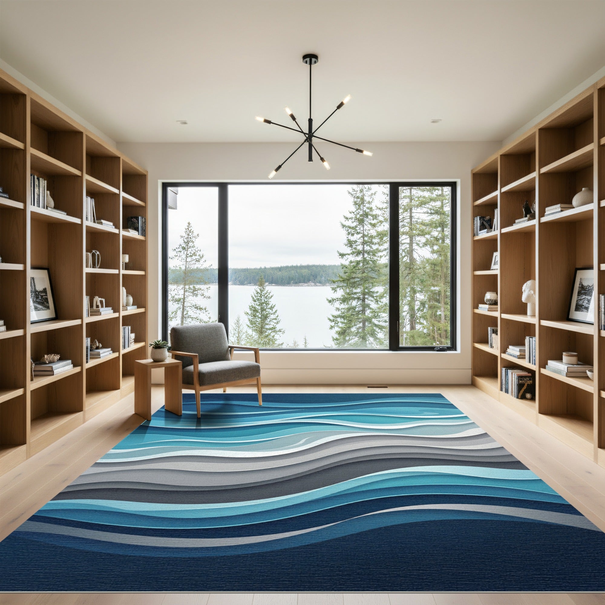 Abstract Navy and Gray Fluid Wave Rug