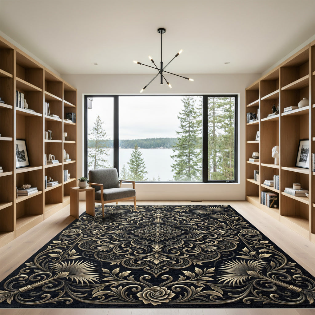 Ornate Golden Floral Scrollwork Rug